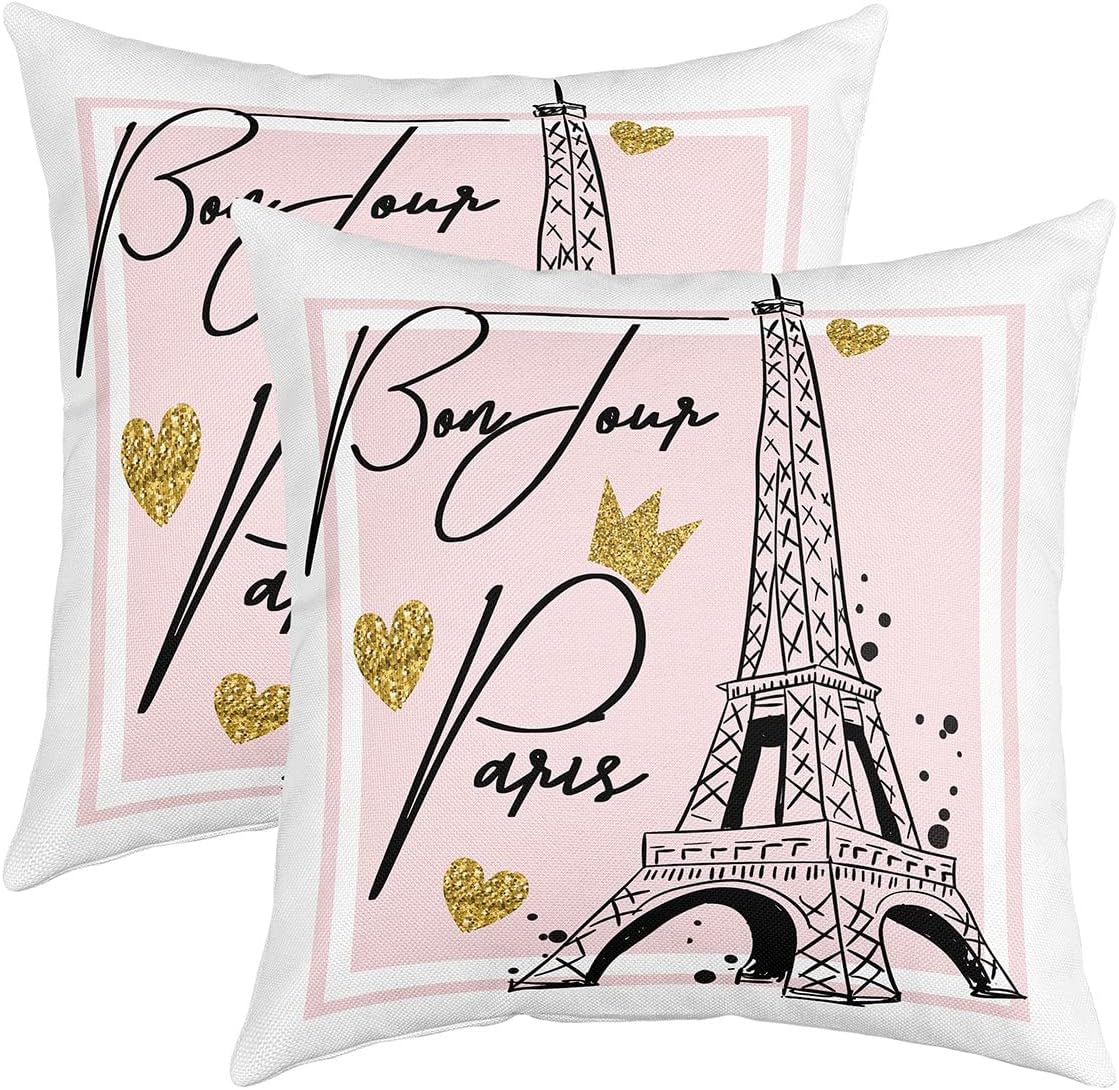 Eiffel Tower Throw Pillow Covers 18"x18" Set of 2 Soft Paris Pillow Cases Cushion Covers For Living Room Bedroom Paris Decor Glitter Gold Pink Decorative Throw Pillowcases for Sofa Couch Cha