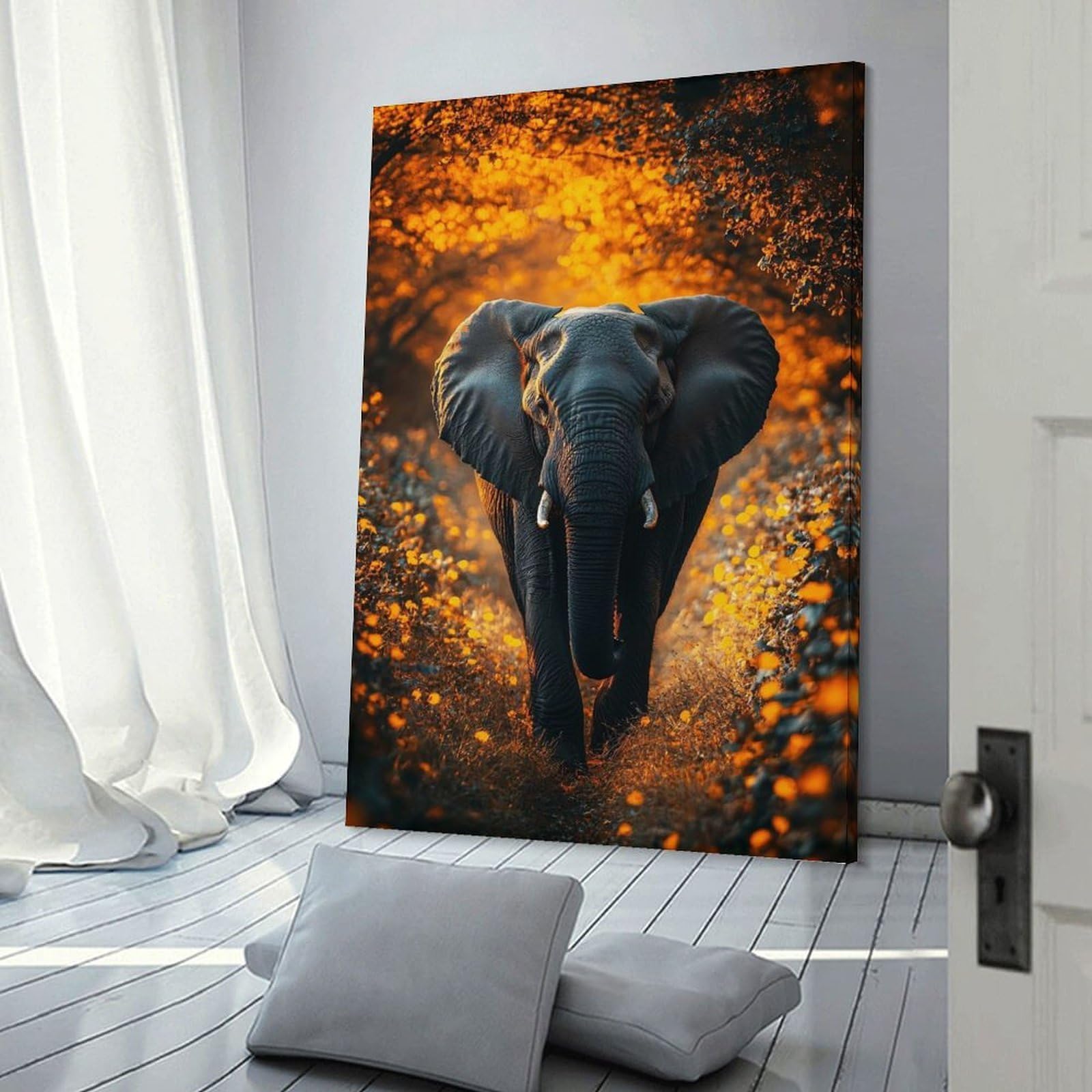 Junmoney Frame-Style-2 Decorative Wall Artwork Elephant Walking Through Golden Field, 12X18inch(30X45cm), For New Homes, Bedrooms Or Workspaces, Canvas Artwork With Gifting Potential
