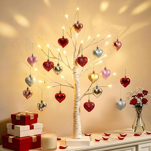 Decoraciones para el día de San Valentín, árbol de abedul de 2 pies con 24 luces LED cálidas, juego de adornos de 18 corazones, decoración de árbol