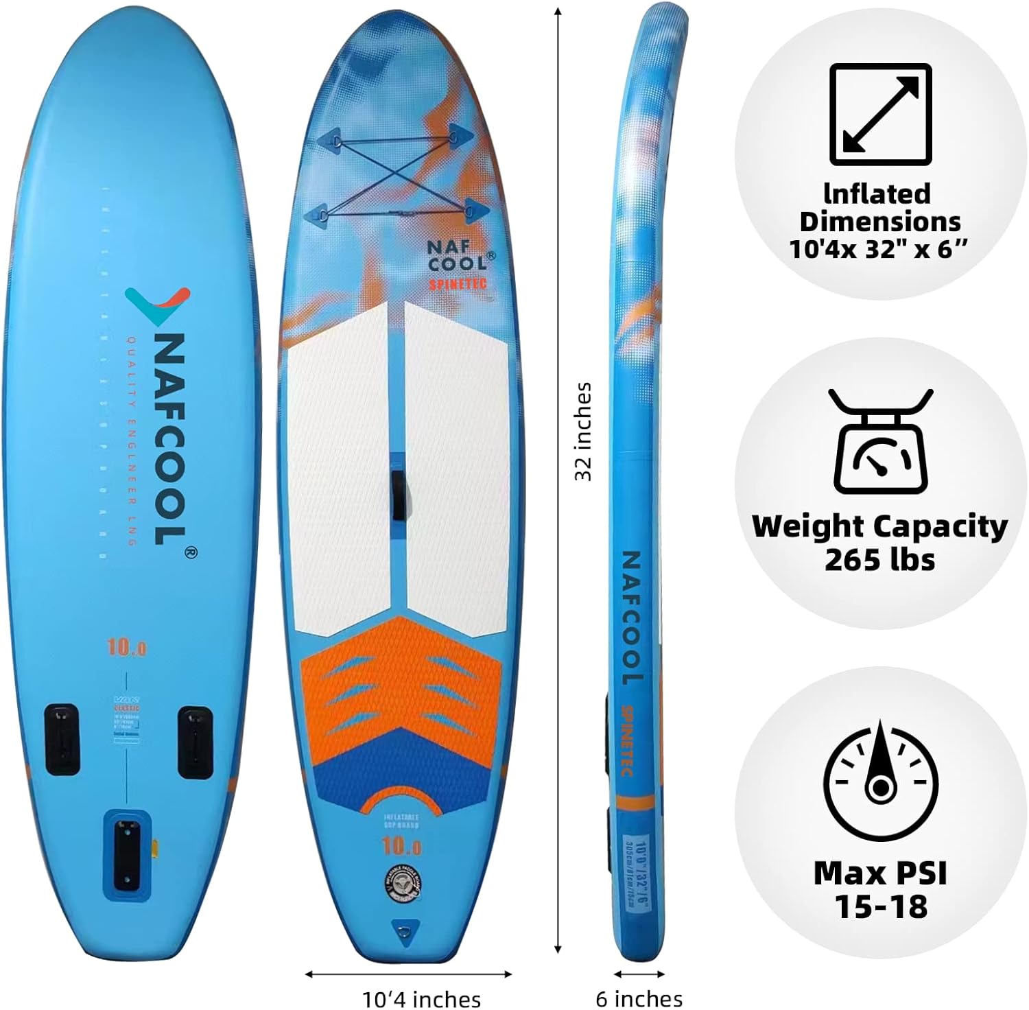 Inflatable Stand Up Paddle Board,10'4"×32"×6" Surfing Standing Paddle Board with SUP Accessories & Backpack, Non-Slip Deck,Removable Fins,Leash,Paddle,Hand Pump for Youth & Adult(Sky Blue)