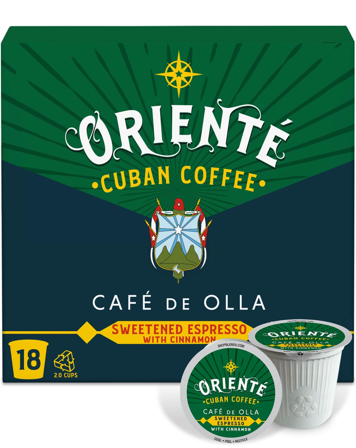 Oriente Sweetened Espresso with Cinnamon Coffee Pods, 18 ct, Dark Roast Flavored Cuban Inspired Coffee in Recyclable Single Serve Pods - 100% Arabica