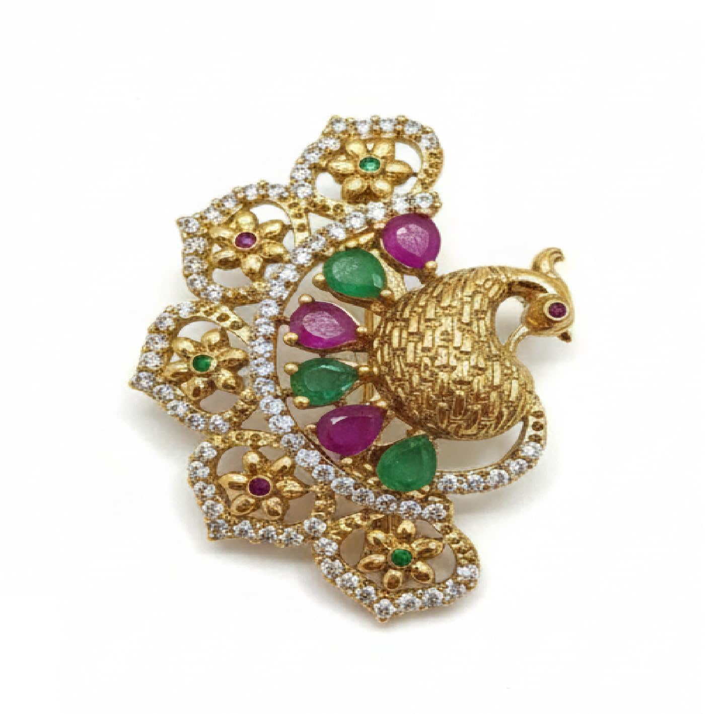 Royal Textured Gold Peacock Saree Pin/Brooch for Women with Floral Petals and Multi-Color Stones-image-44