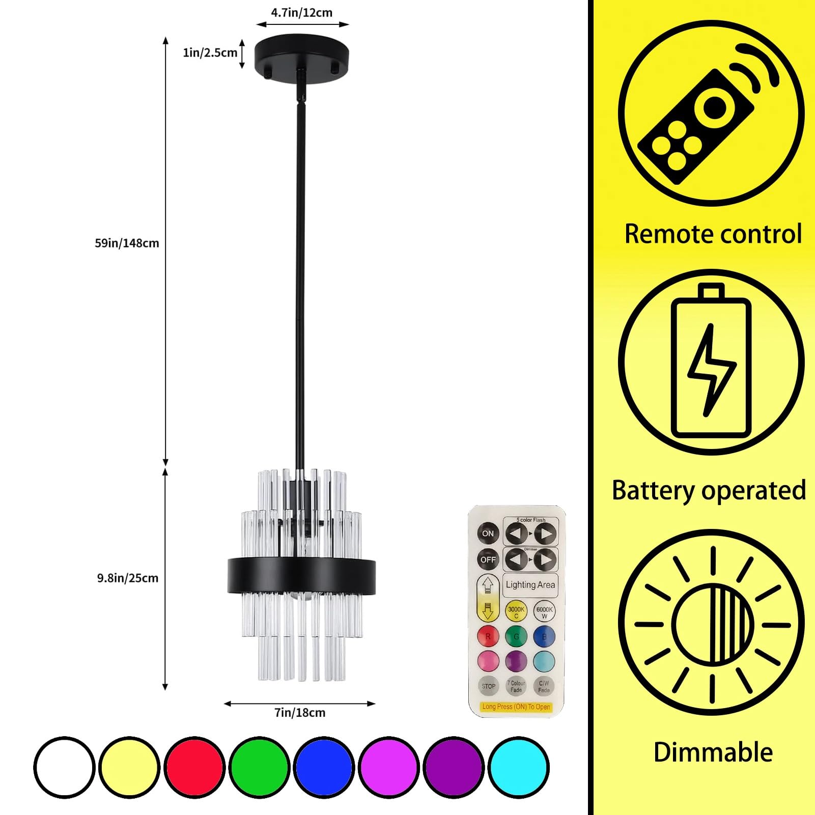 Moderne Hängelampe mit Batterie, 9 Farben dimmbar Pendelleuchte batteriebetrieben mit Fernbedienung, Glaslampenschirm Deckenlampe ohne Stromanschluss, ideale Lampe mit Batterie für Wohnräume.(Black)