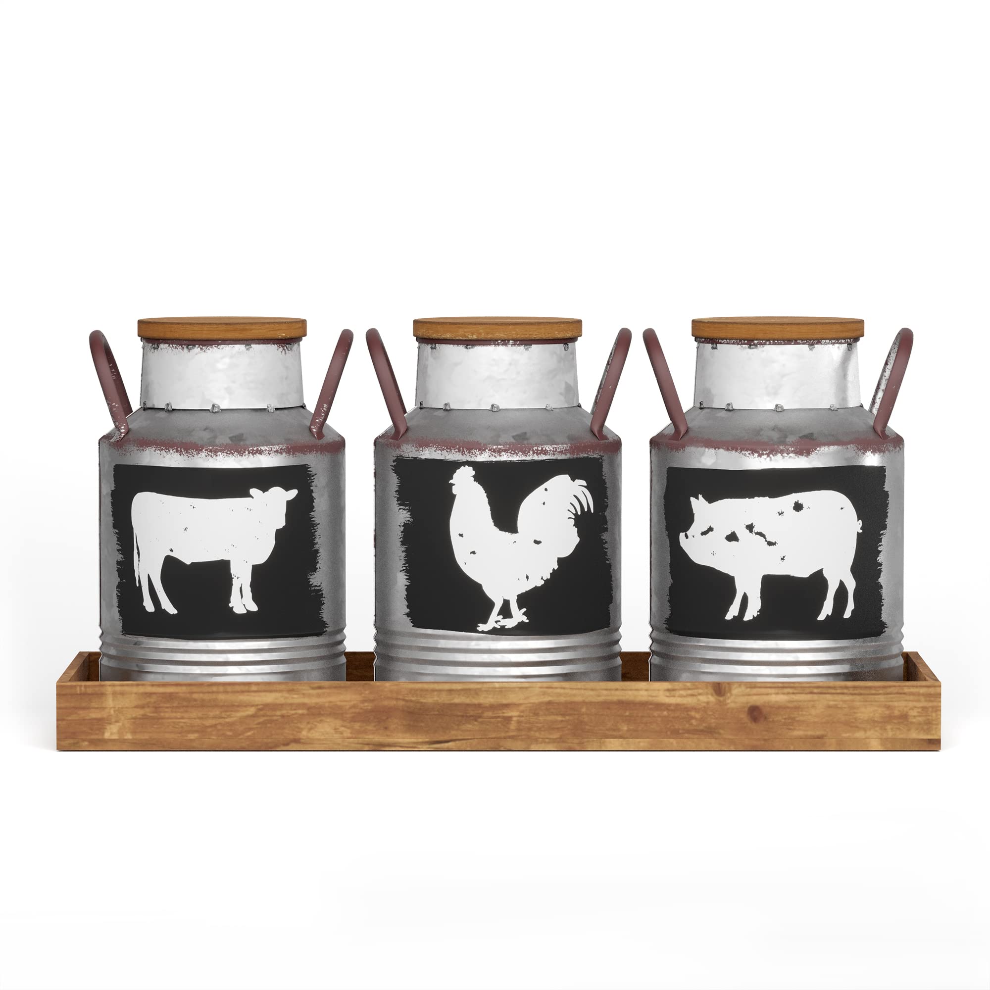 Barnyard Designs Decorative Galvanized Metal Jars with Rustic Handles, Wood Lids and Tray