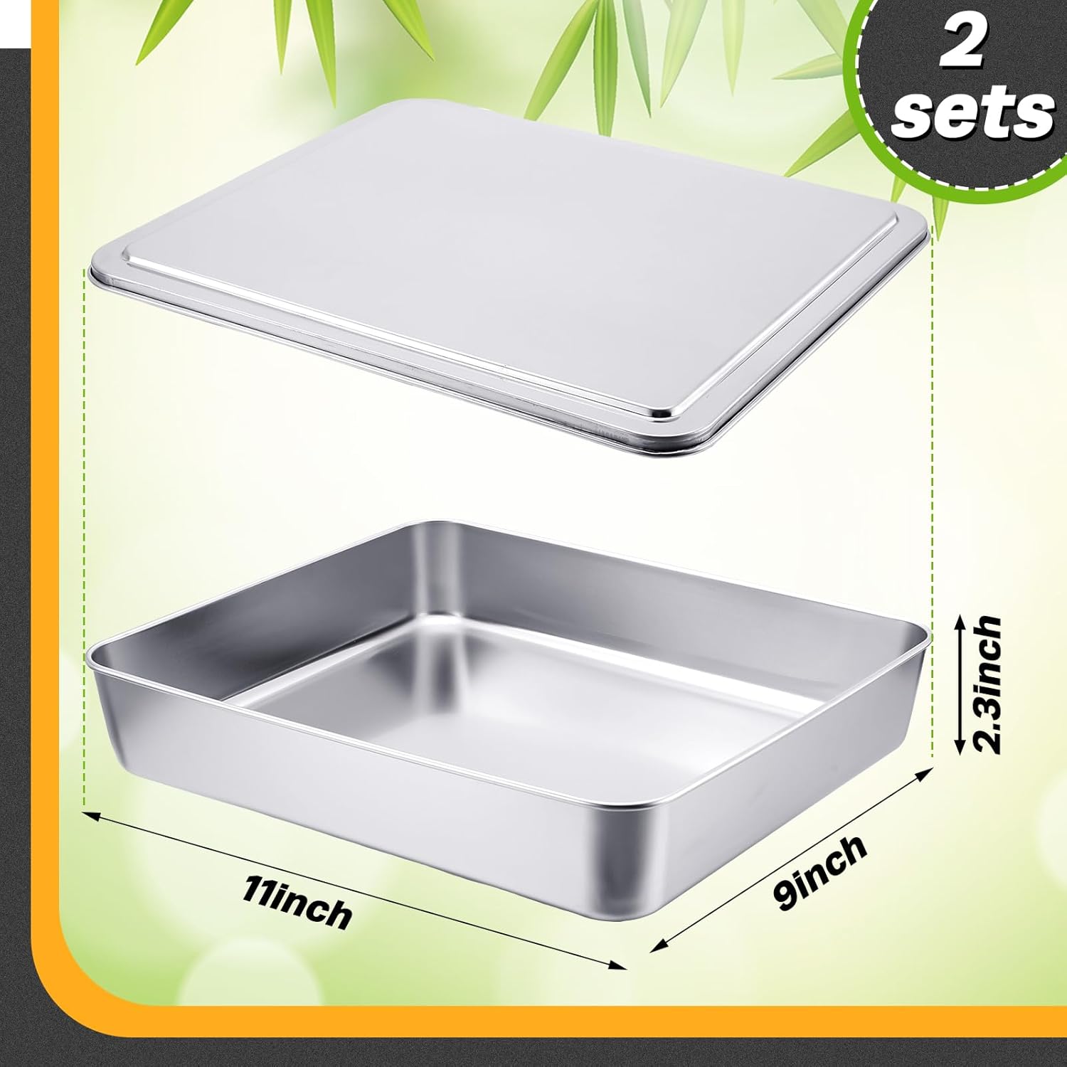 2 Sets Stainless Steel Cake Pan with Lid 9 x 11 Inch Rectangle Bread Loaf Pans with Cover Rectangle Baking Bakeware for Bread Cake Brownies, Dishwasher Safe (Classic Style) - Image 3