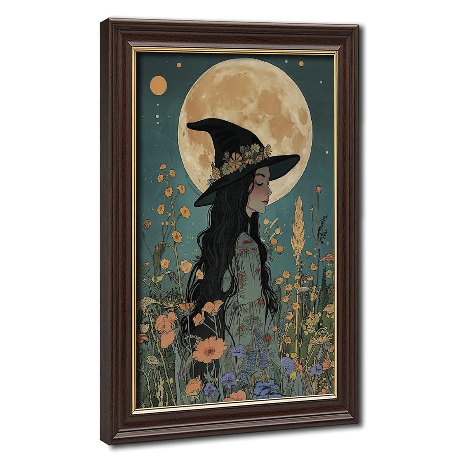 Bareronor Mokume Gane Frame-Style Witch Under Moonlight Canvas Poster For Living Room Decor Gift