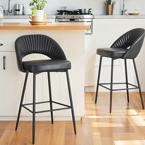 glitzhome Juego de 2 taburetes altos modernos de piel sintética, taburetes de bar altos de altura de barra con respaldo medio con patas cónicas de