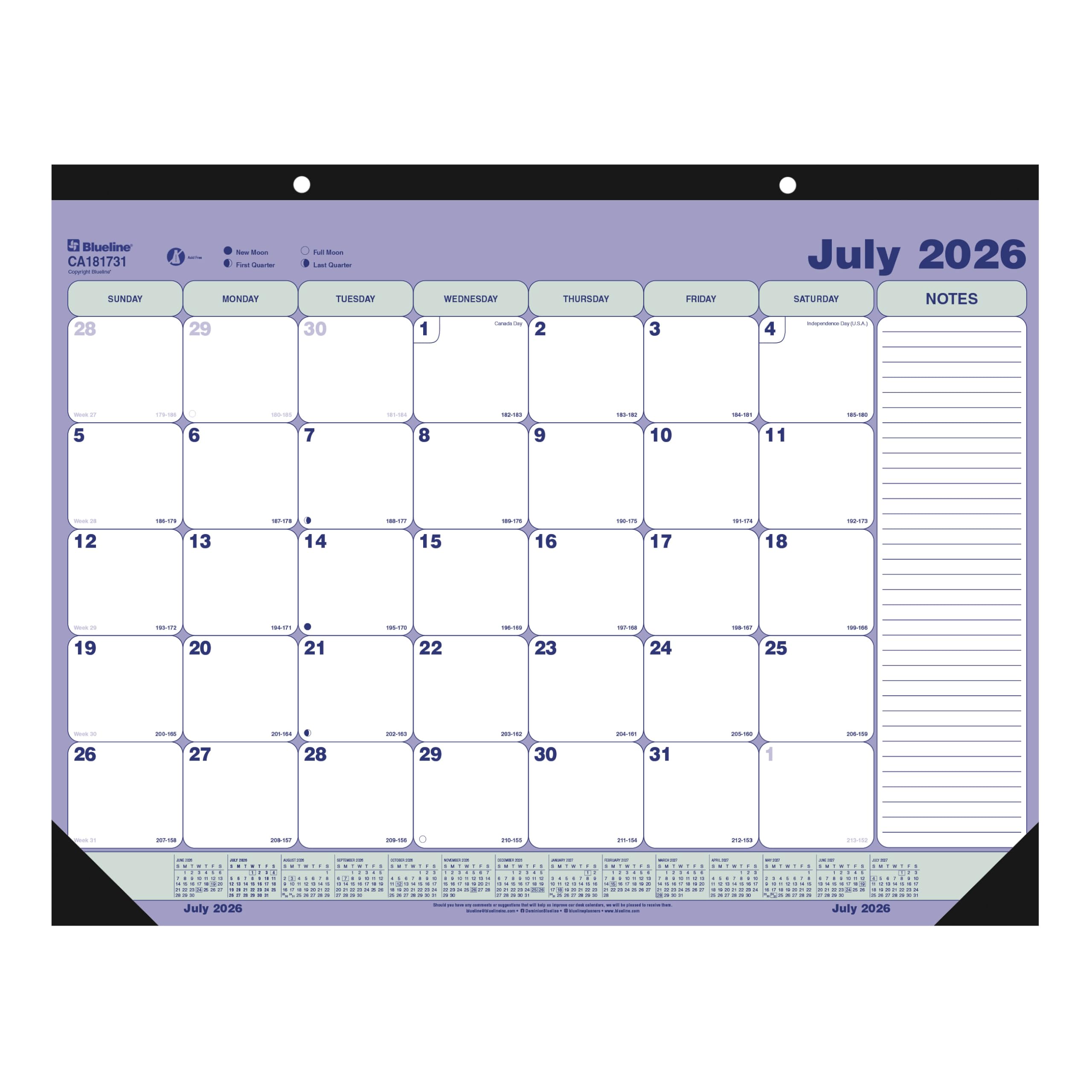Blueline® Calendario académico mensual de escritorio, 13 meses, julio de 2026 a julio de 2027, 54 cm x 40,6 cm (CA181731)