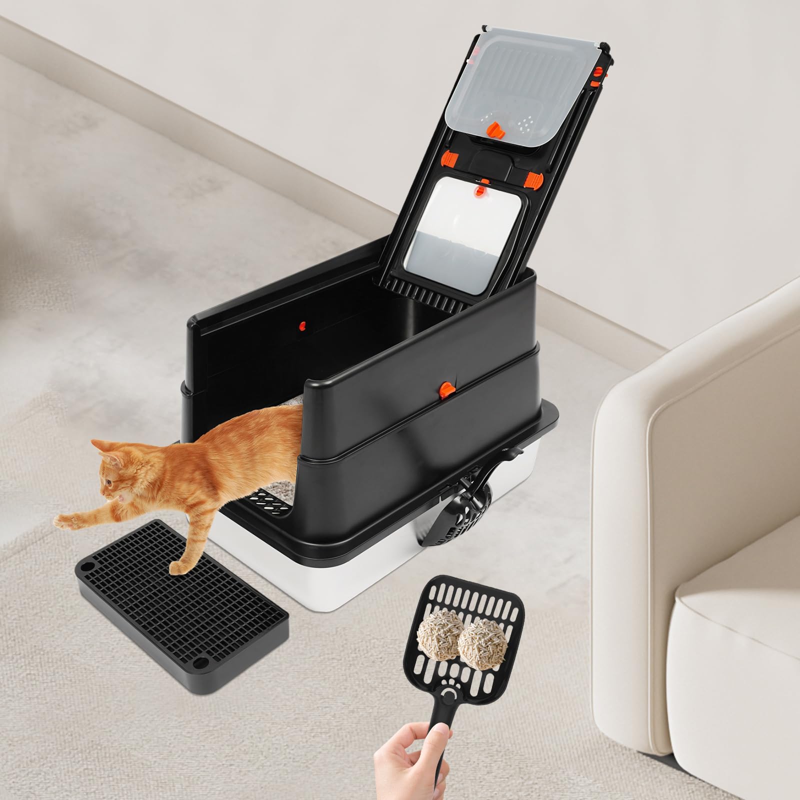 Lettiera chiusa per gatti da 31,2 l, apertura a forma di U, inodore, facile da pulire, robusta in acciaio inox/PP/ABS, per gatti fino a 15 kg, con pedale, paletta e pastiglie Grippy (nero)