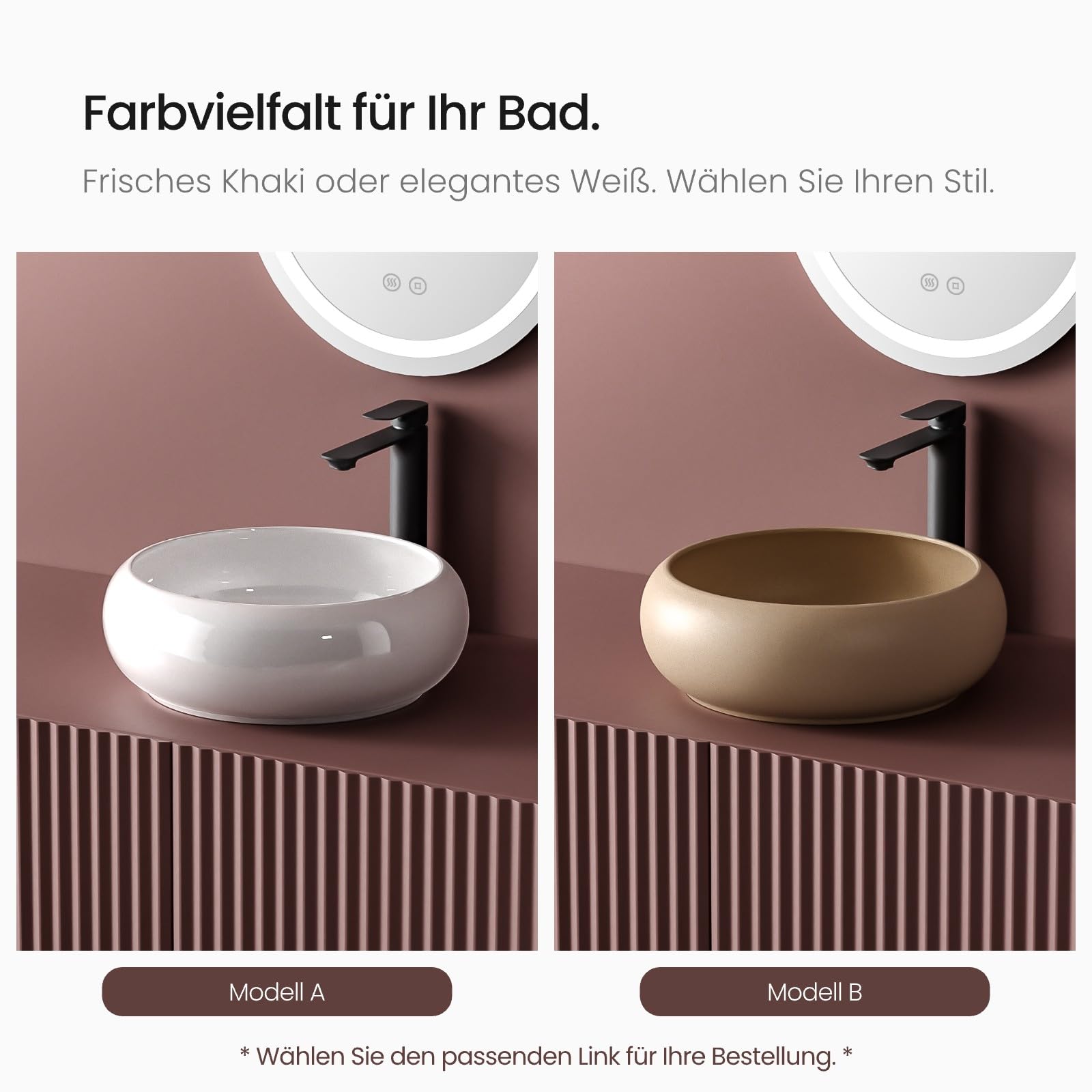 EMKE Lavabo da montare, Lavabo rotondo in ceramica, 360 x 360 x 120 mm, installazione sopra il piano, Bianco lucido, lavabo per bagno e WC ospiti