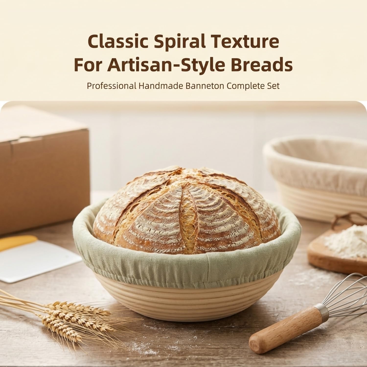 Bread Proofing Basket Set 9" Round and 10" Oval Banneton for Bread Baking, Natural Rattan Wicker Basket with Bread Lame, Danish Whisk, Scraper - Profeesional Baker's Kit