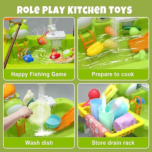 Miniatura 3 de Fregadero de juego con agua corriente, juguete de fregadero para niños con sistema automático de ciclo de agua, juguete de pesca para fregadero con