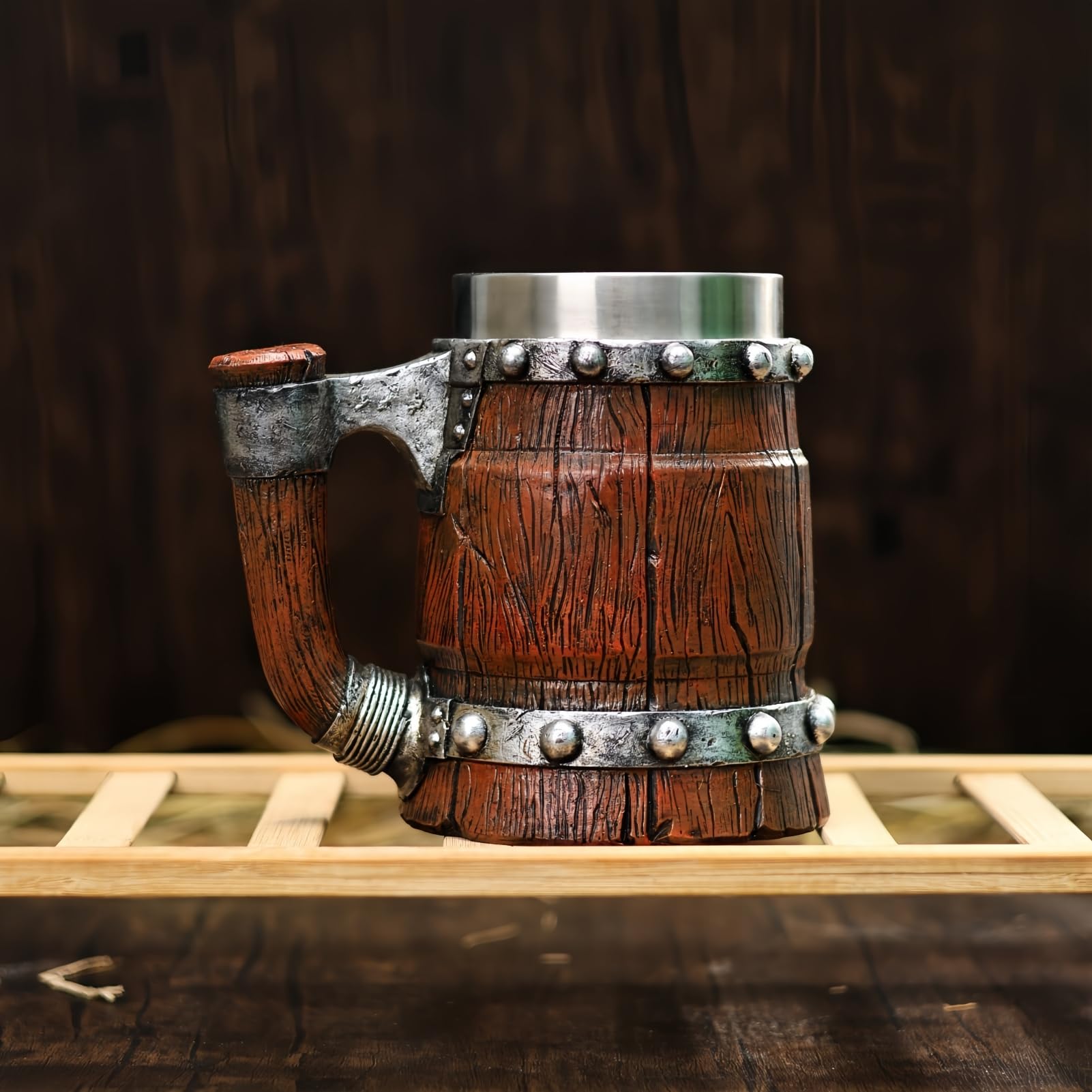Drawelry Retro Holz Fass Bierkrug mit Griff Edelstahl Innenfutter Holzmaserung Leder Wasserbecher 600ml Vintage Nordische Wasser Bier Kaffee Mug Becher Geburtstag Geschenk für Männer (A7)
