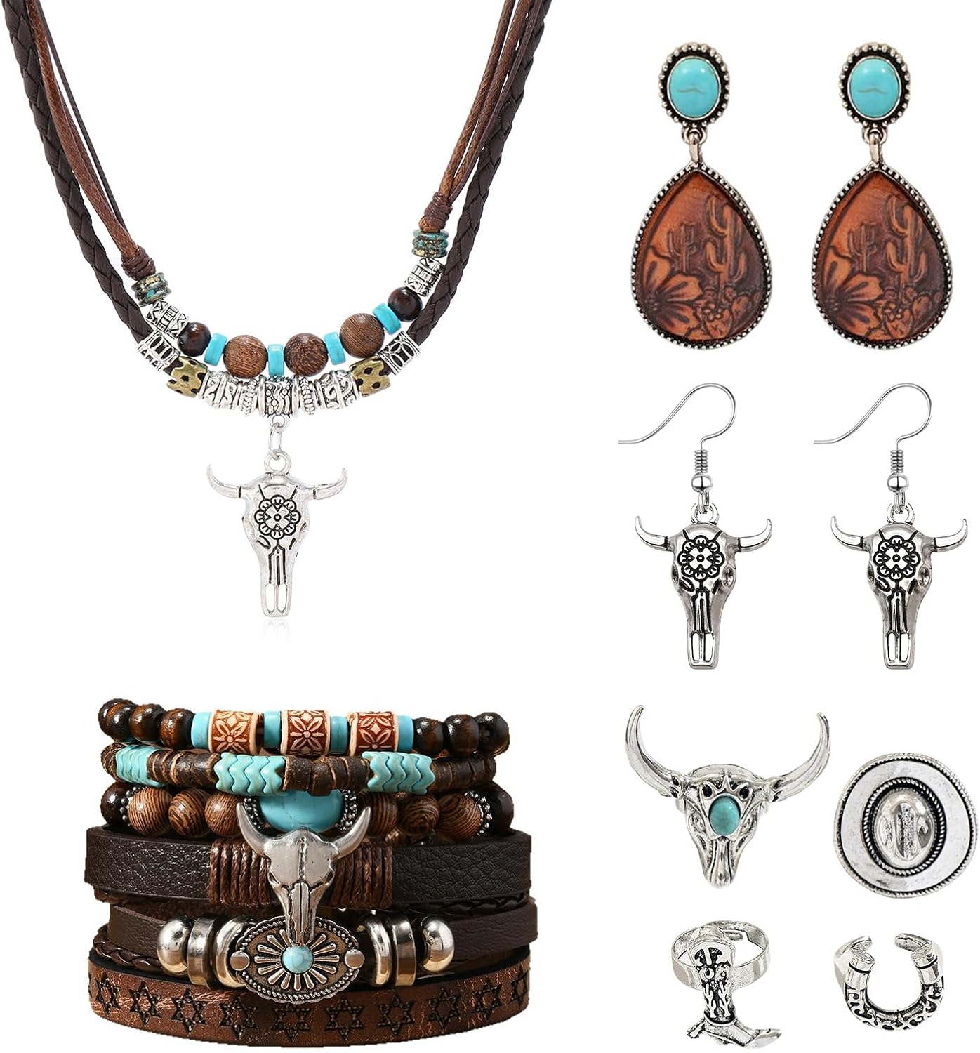 Western Jewelry Set for Women Layered Western Cowboy Ox-Head Pendant Necklaces Turquoise Earrings Ring Boho Vintage Stack Bracelets Cowboy Chic Country Accessory Jewelry