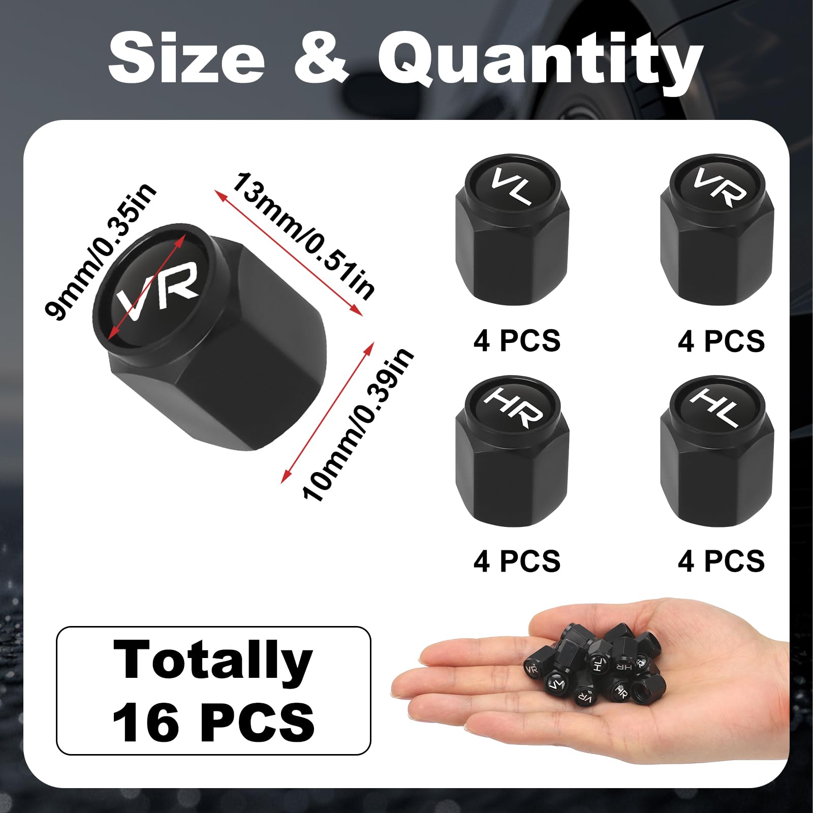 NVGVUP 16 Stück Ventilkappen Auto mit Beschriftung: Aluminium Ventildeckel Set, Schwarz Autoventil Kappe, Reifenmarkierer Valve Cap für SUV PKW UVM Mottorad Fahrrad Autoreifen - 2
