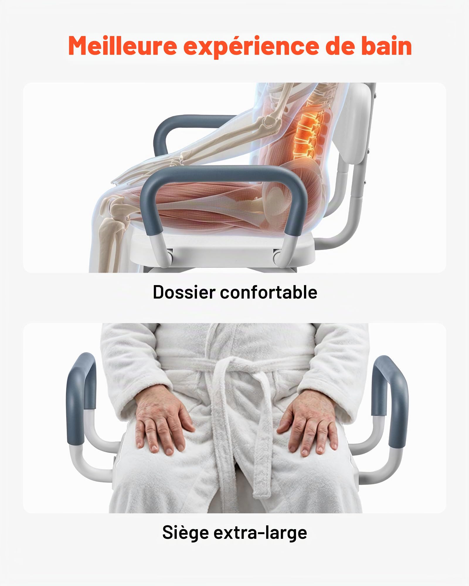 VEVOR Chaise de Baignoire Pivotante à 360°, Banc de Transfert Baignoire avec Dossier et Accoudoirs, Capacité 180 kg, Siège de Douche pour Adultes, Personnes Âgées et Handicapés, Hauteur Réglable