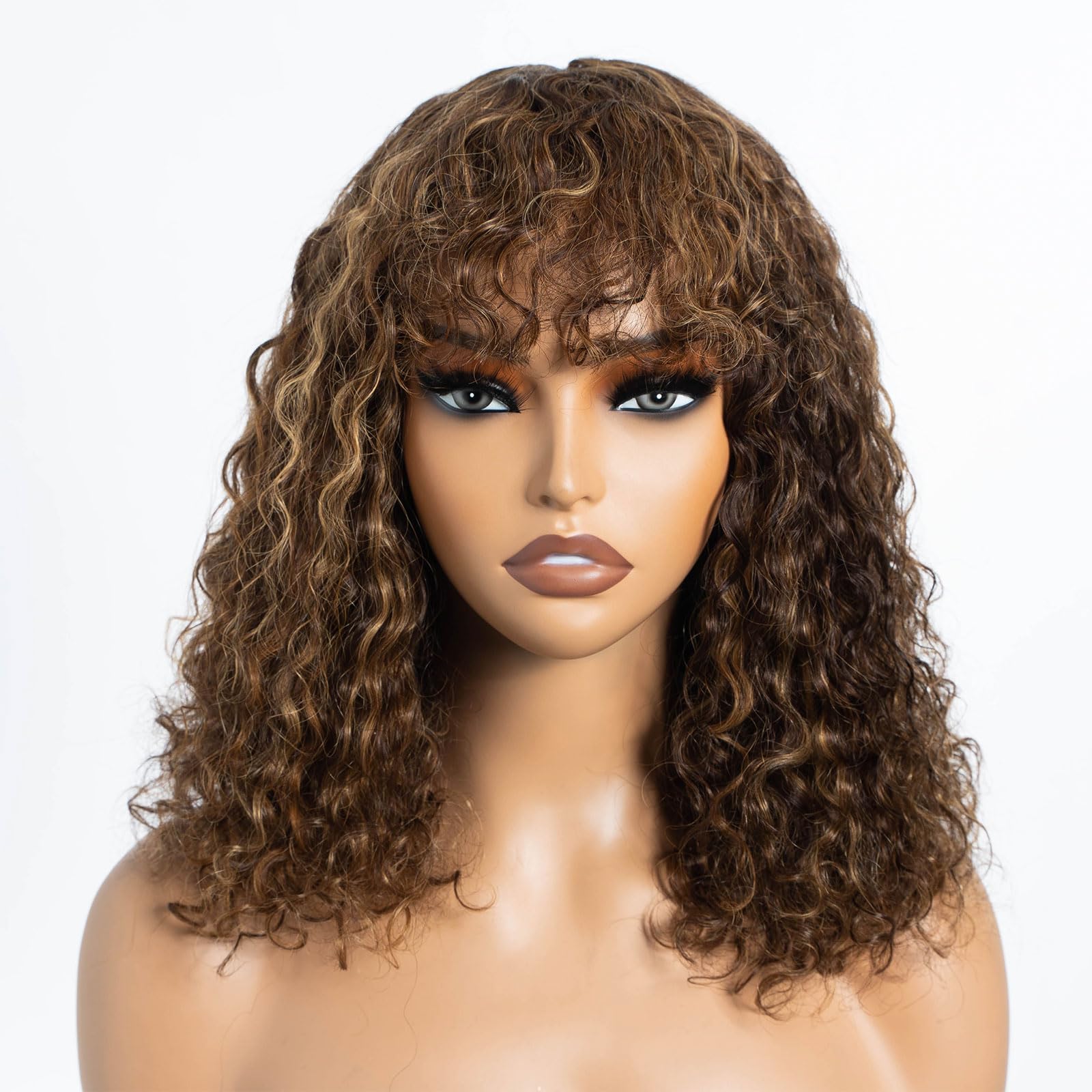 DÉBUT Curly Bob Wigs with Bangs 100% Human Hair Highlight Balayage Ombre Brown Mixed Honey Blonde 14 Inches Water Wave Glueless Wear and Go Bangs Wigs
