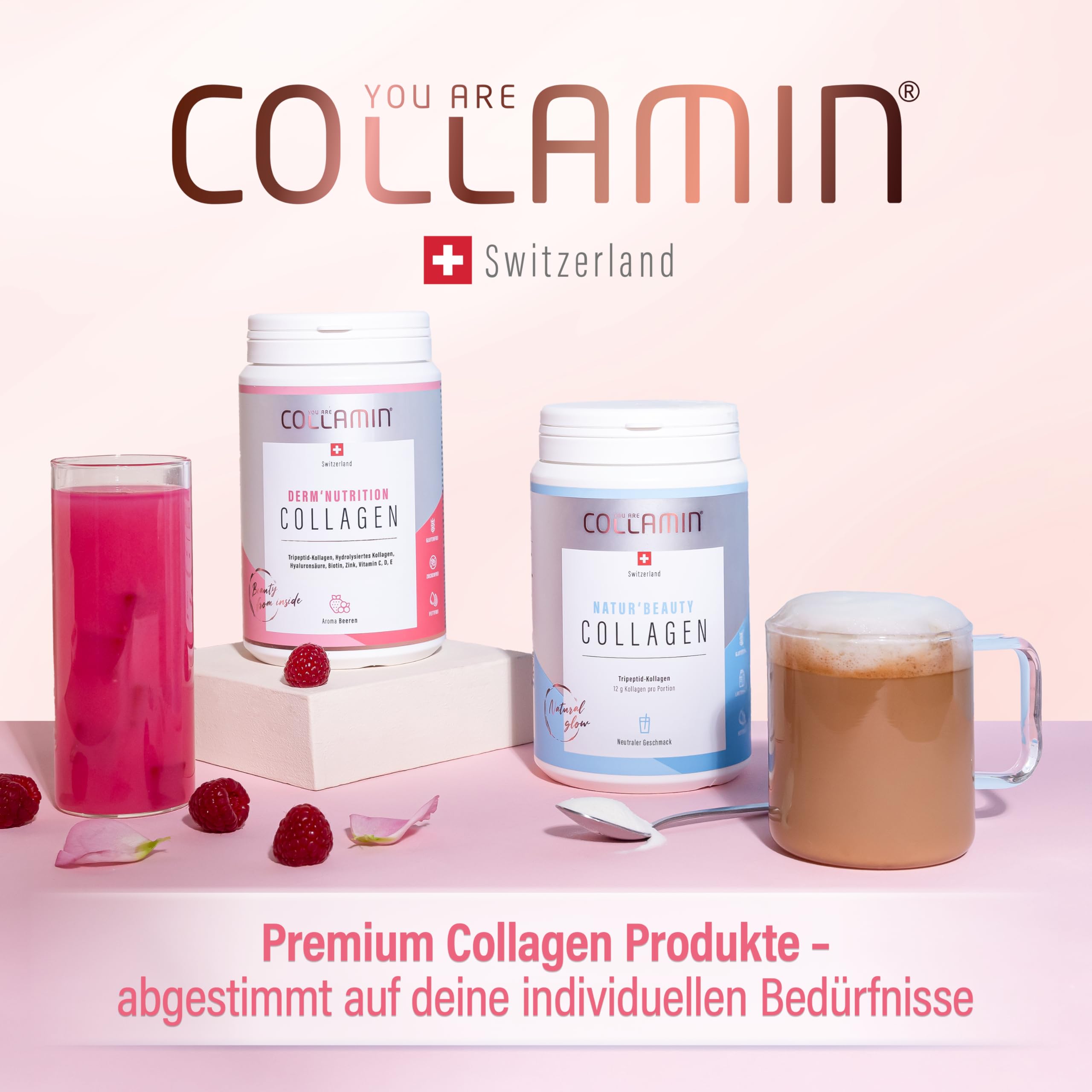Derm'Nutrition Collagen Pulver - 480g I Tripeptid-Kollagen Pulver mit Vitamin C & Hyaluron I Kollagen Pulver (Rind) mit Beeren Aroma I Hydrolysiertes Kollagen - Made in Switzerland