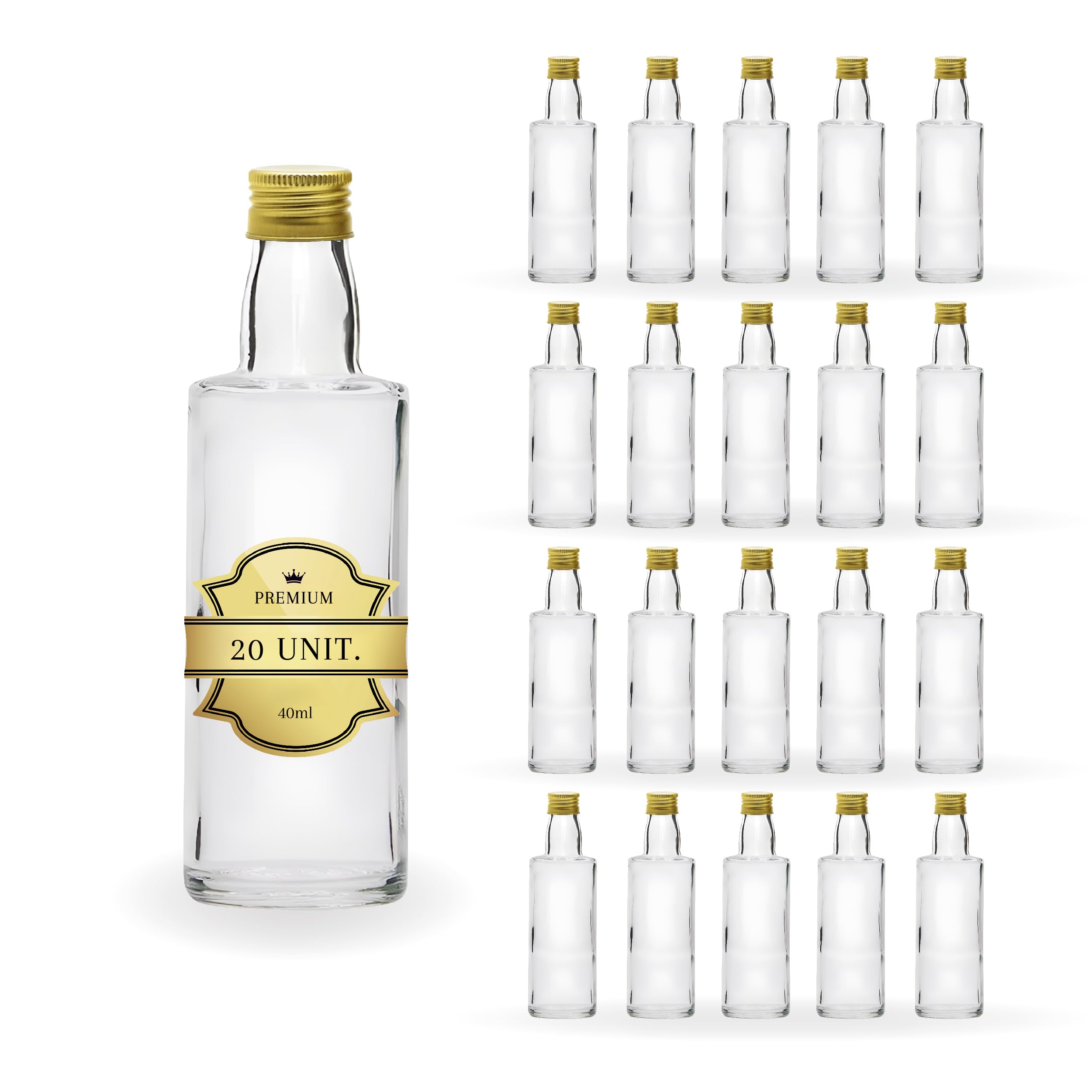 20 Mini Botellas de Vidrio de 40ml con Tapón de Rosca Dorado | Miniaturas de Alcohol de 4cl, Pequeños Frascos para Muestras | Ideal para Regalos, Bodas