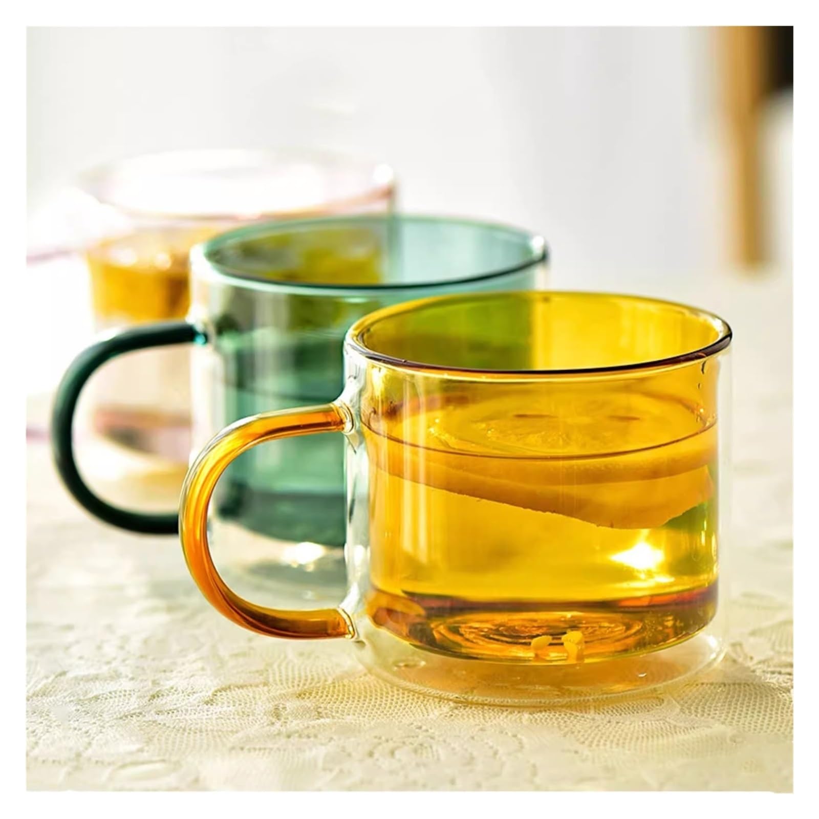 birene Copa de cristal Vasos coloridos de doble pared con asa 240ML(Green)