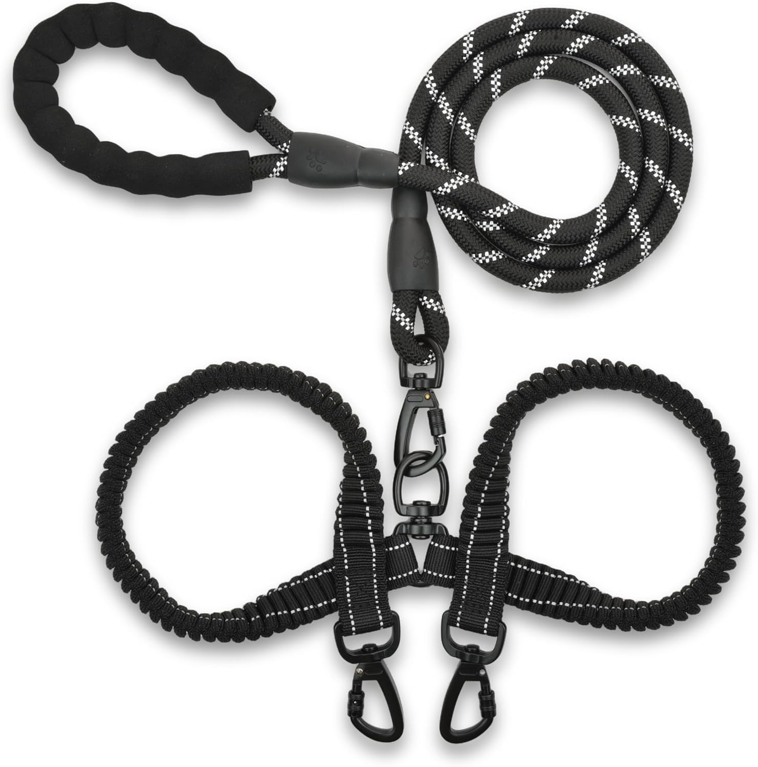 Skruffie’s Love Two Dog Leash No Tangle Swivel Dual Shock Absorbent Rope Reflective Bungee Double Leash for Two Small Dogs Medium Large Dogs (Black) for Walking