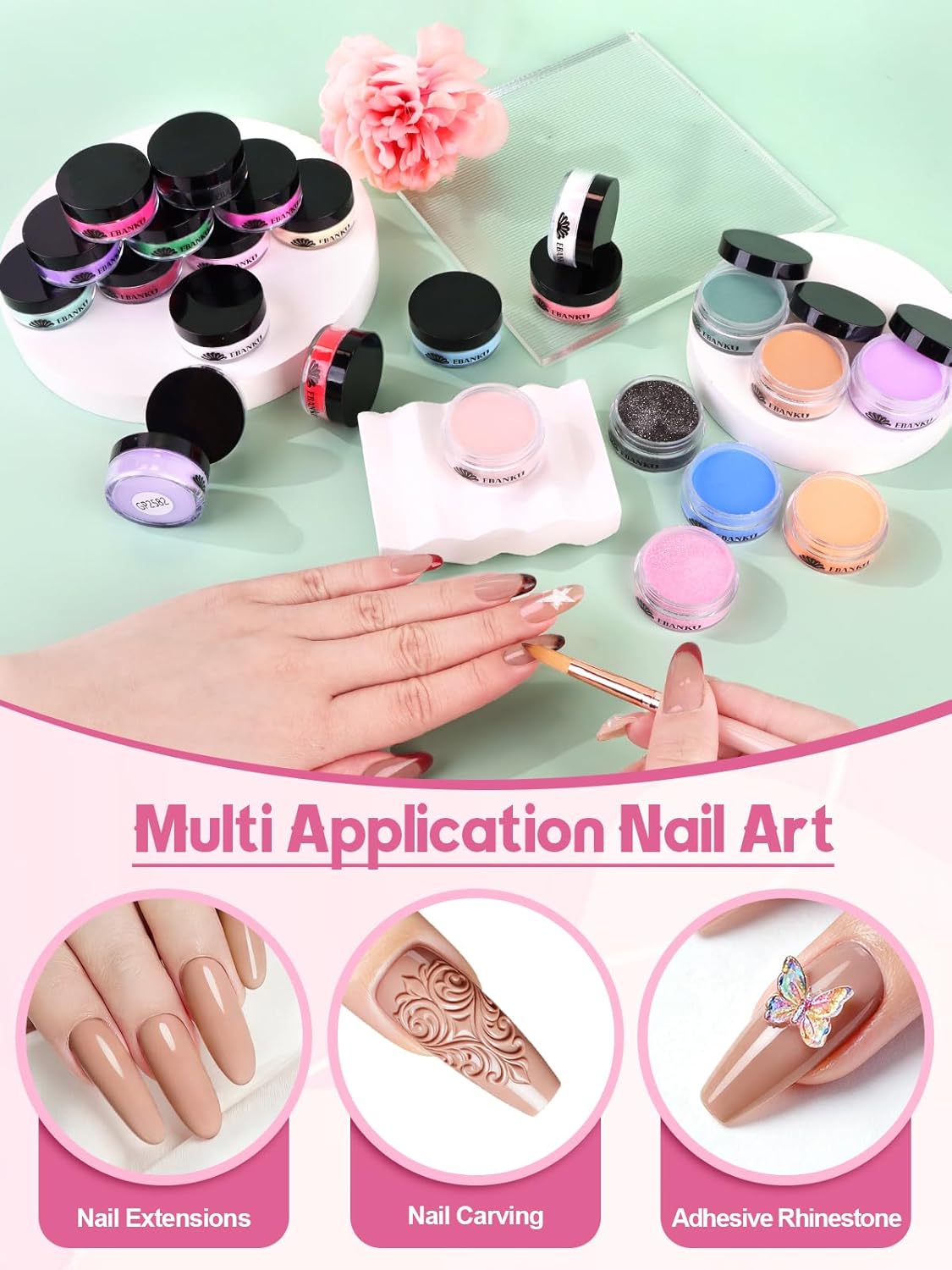 24 Colors Acrylic Powder Set, EBANKU Pink Nude White Black Purple Acrylic Nail Powder Professional Nail Powder for Nail Acrylic Extension, Nail Carving, No Nail Lamp Needed, 0.35oz*24