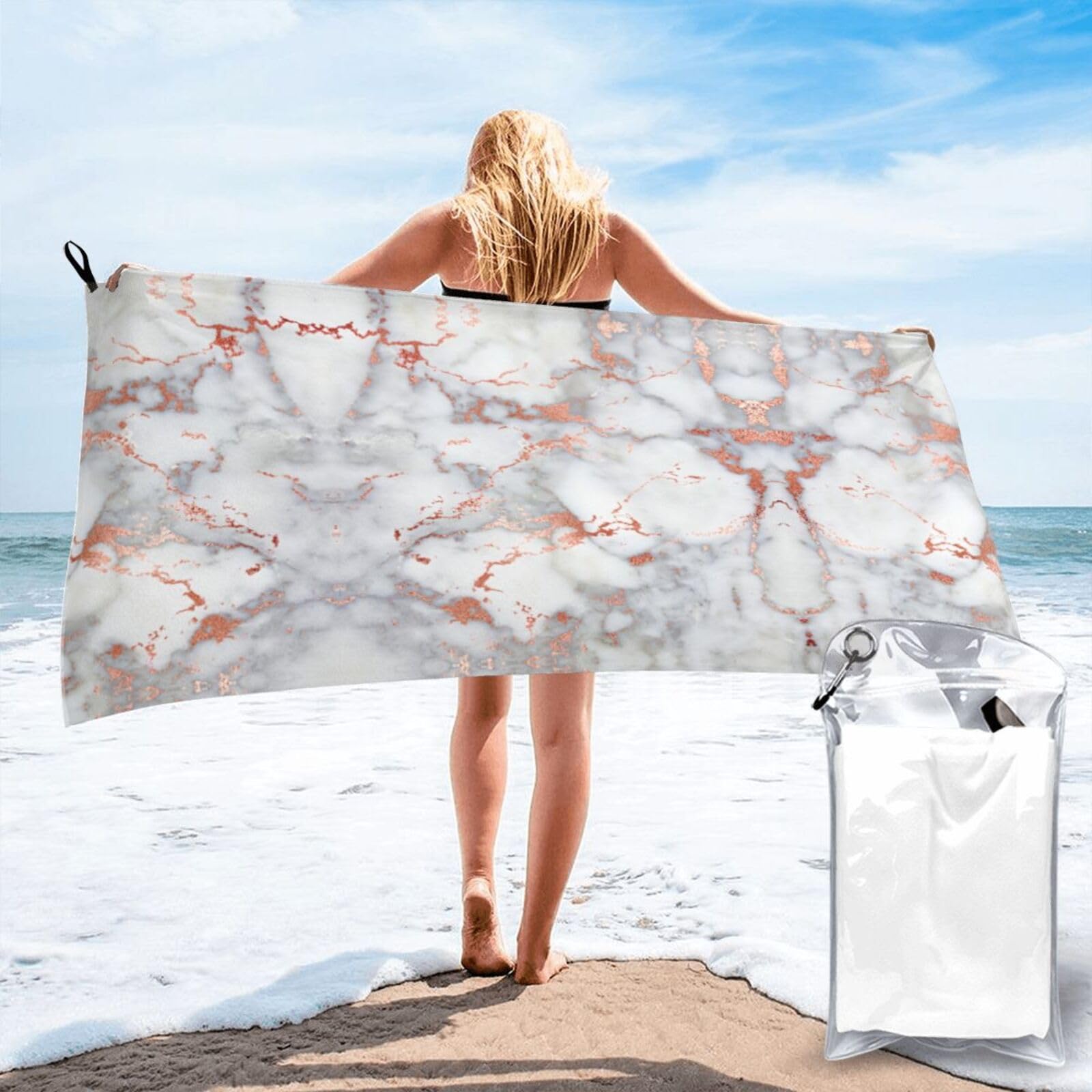 WYCZHY Rose Gold Marble Print Beach Towel Soft Quick Dry For Spa Pool Gym Vacation Travelers Women Men Adults Sauna Gift