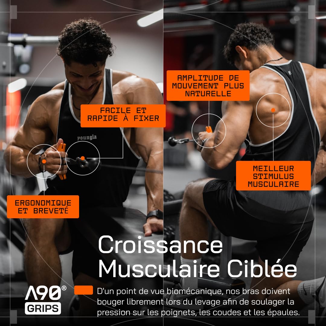 Angles90 Grips - Poignées Originales pour Traction, Accessoires pour tirage à la poulie, Rowing T-Bar, Machine à câbles, poignée en D, Force de préhension, équipement de Gym, Barre pour dorsaux