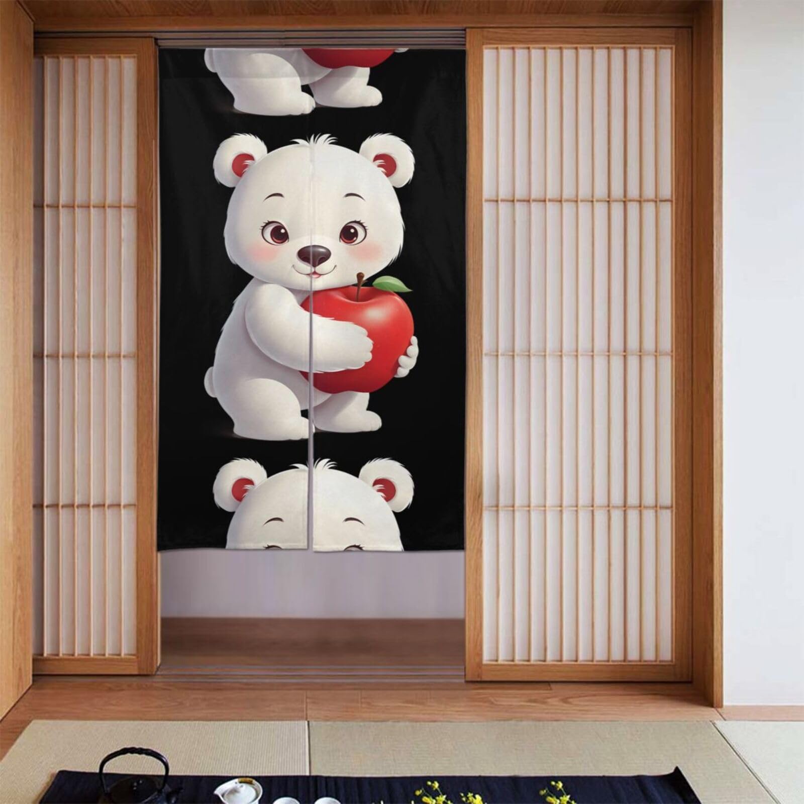 Cortina de puerta para ocultar desorden de la cocina diseño oso blanco dos paneles 86x142 cm