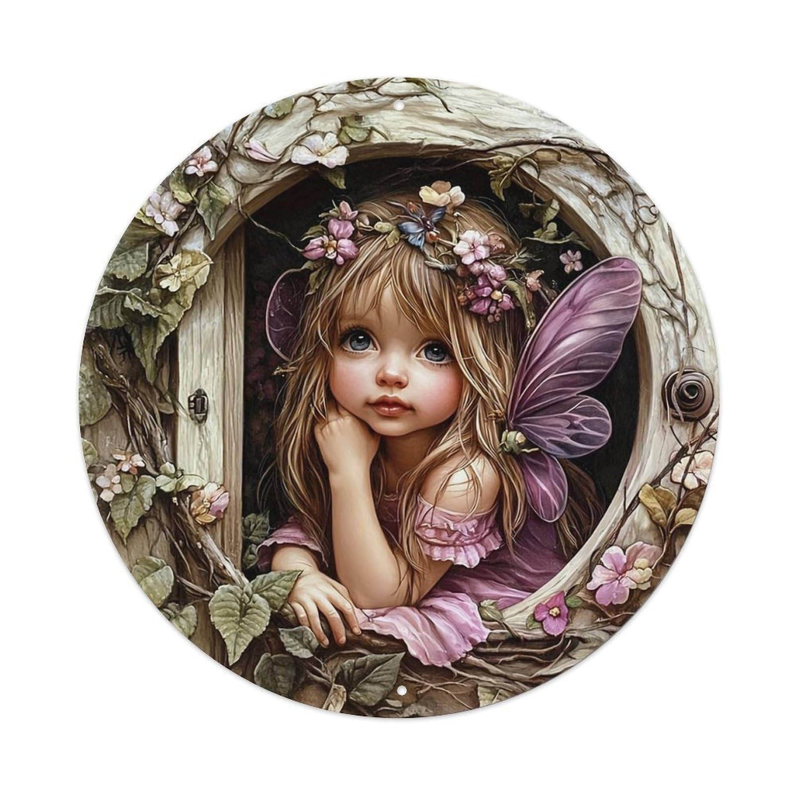Fairy Girl With Flowers And Wings Vintage Round Tin Sign Retro Metal Wall Decor Metal Poster, Home Bar Garage Cafe Wall Art Decoration 8x8Inches