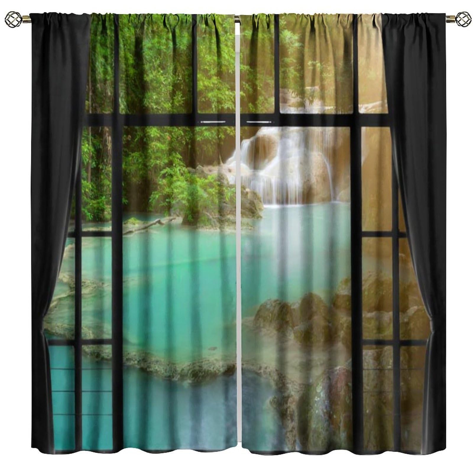 BenYaSong Forest Waterfall Blackout Curtain Silhouettes Window Waterfall View for Home Kitchen Restaurant Decoration Window Drapes 2Panel 52" W X 96" L