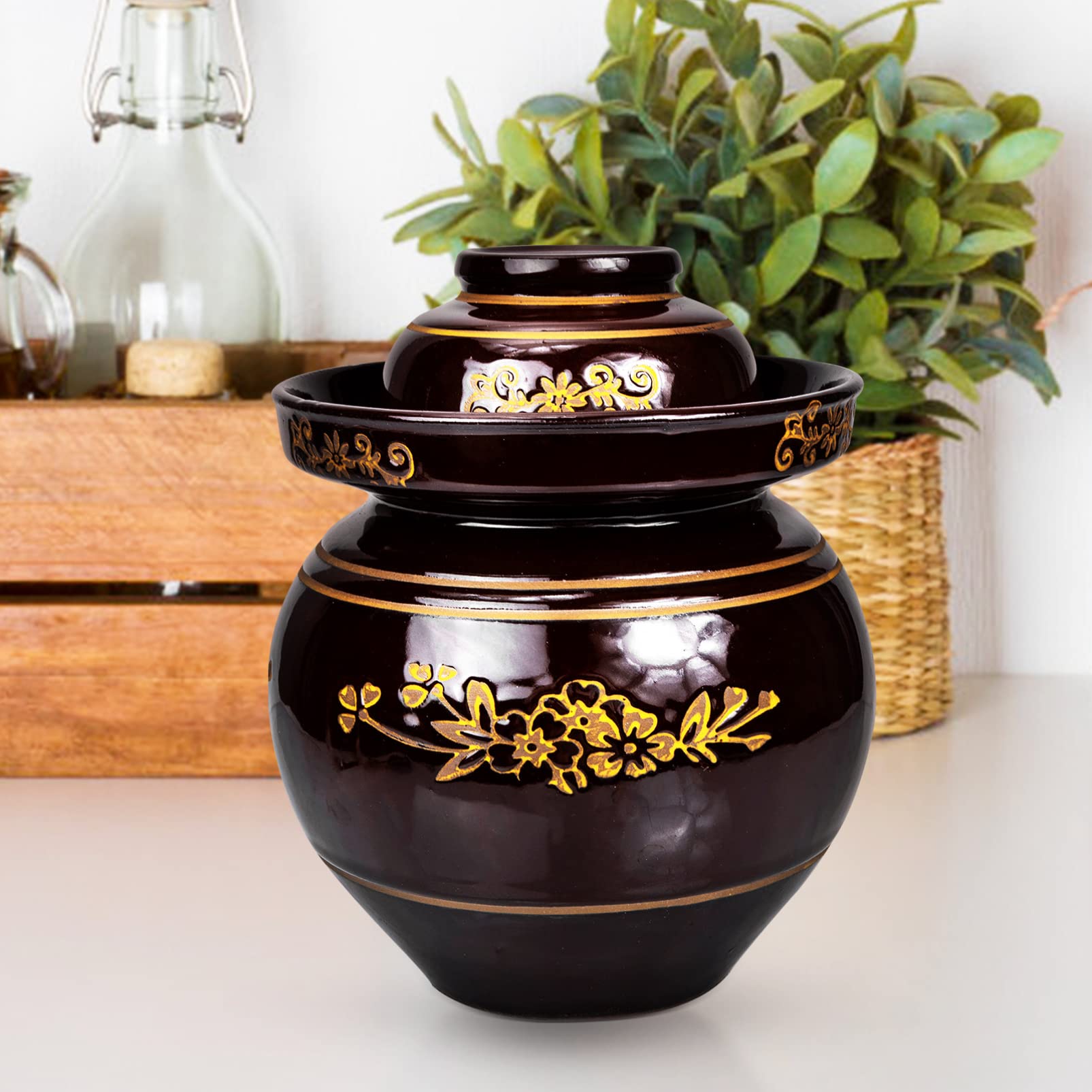 Słoik na pikle, tradycyjny chiński słoik na pikle, Ceramiczny słoik do marynowania Garnek fermentacyjny Tradycyjny chiński słoik do fermentacji z uszczelką wodną Pokrywka śluzy Retro Pojemniki Kimchi