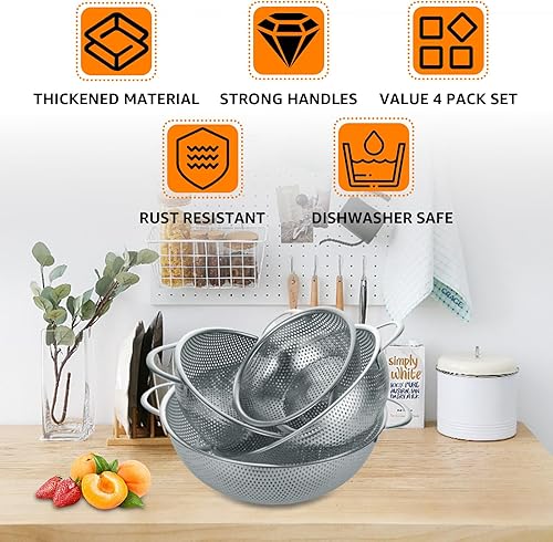 Miniatura 4 de AKOLAFE Colador de metal grueso con asa, juego de 4 coladores de acero inoxidable para cocina, 1-2-3-4 cuartos de galón, colador de malla fina,