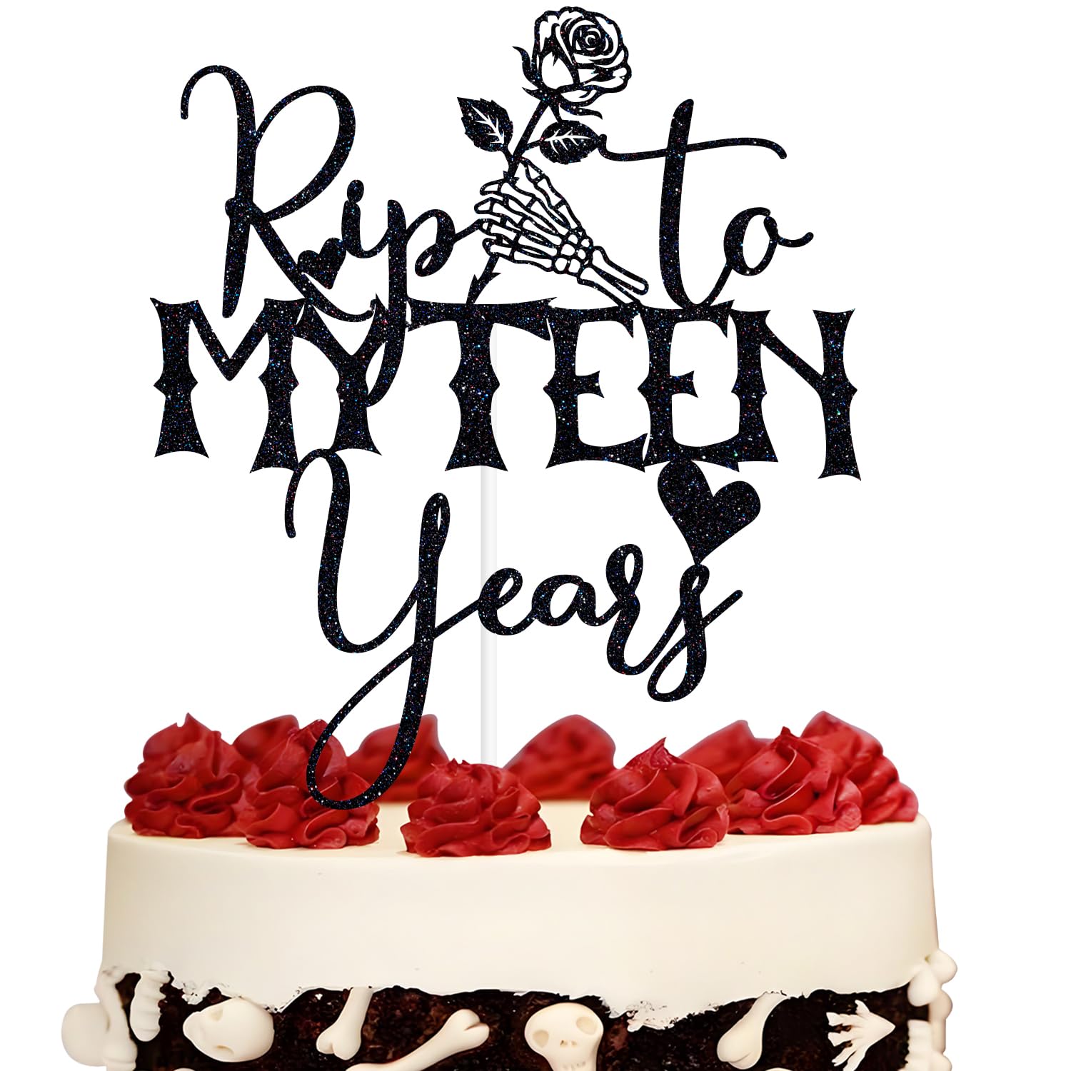 Black Glitter Rip to My Teen Years Cake Topper, Skeleton Skull Hand Rose Birthday Décor, Gothic Old English Themed 20th Birthday Party Decorations