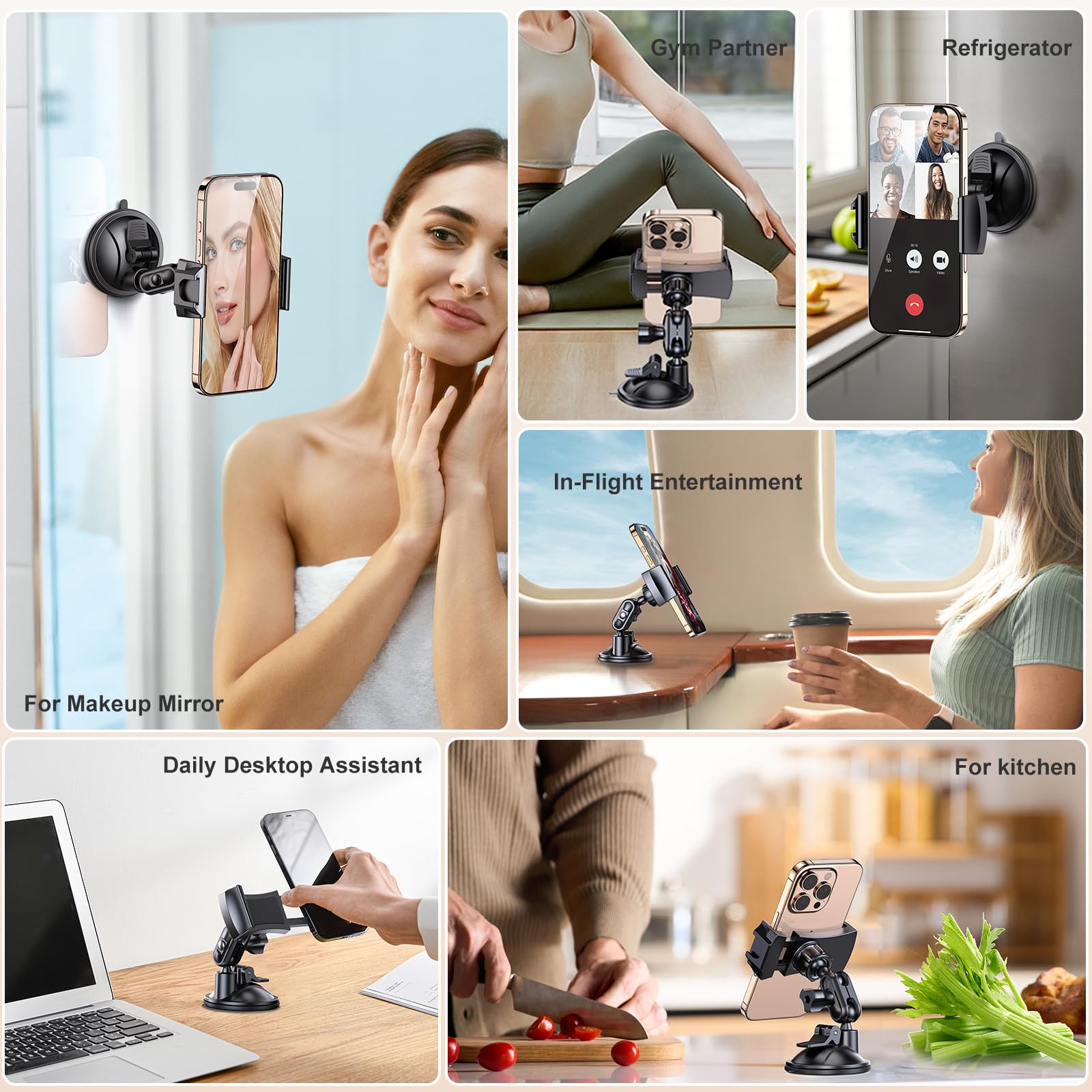 Universal Phone Holder with Suction Cup, Washable and Reusable Wall Mount for Mirror Glass Tiles Portable 360° Rotation for iPhone Samsung All Smartphones - 3