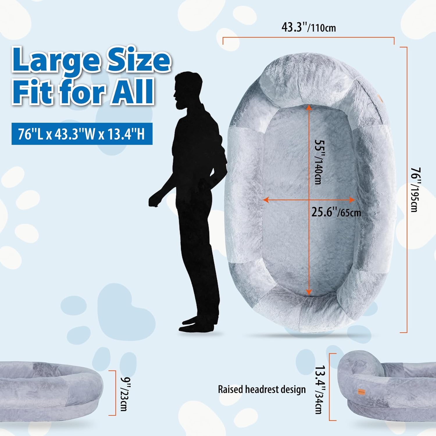 review Human Dog Bed for Adult, 76''x43.3''x13.4'' Dog Bed for Humans with Raised Headrest, Washable Gaint Human Size Dog Bed for People Orthopedic Foam Bean Bag Bed