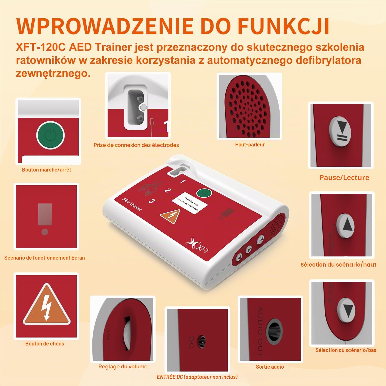 Défibrillateur de Formation avec Télécommande, AED-Trainer avec CPR 10 Scénarios d'Entraînement, Annonces Vocales en Français&Polonais pour entraînement AED (120C)