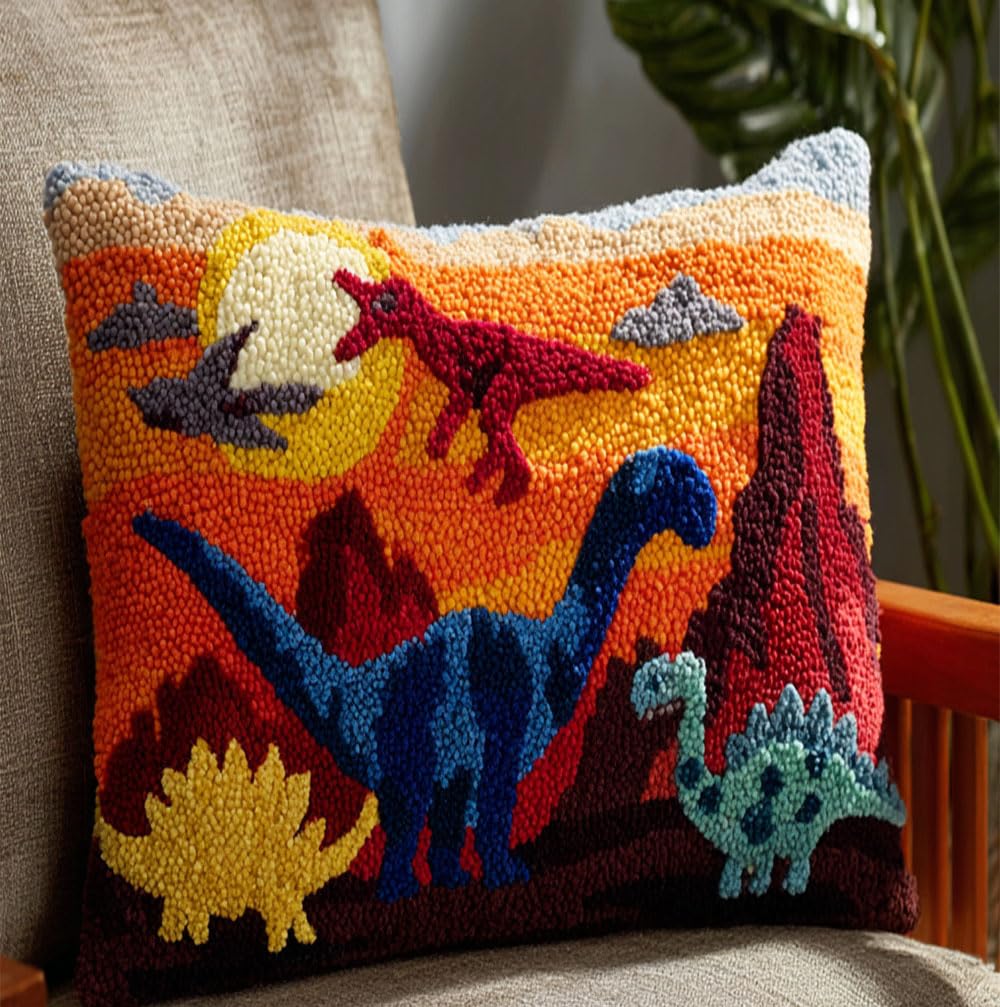 Latch Hook Pillowcase Embroidery Kit,Dinosaur Latch Hook Cushion Cover For Adults And Beginners, 17X17 Inch Embroidery Kits 43X43Cm,Diy Needlework Pillow Cover Cushion Rug Making Kit, Diy Cr