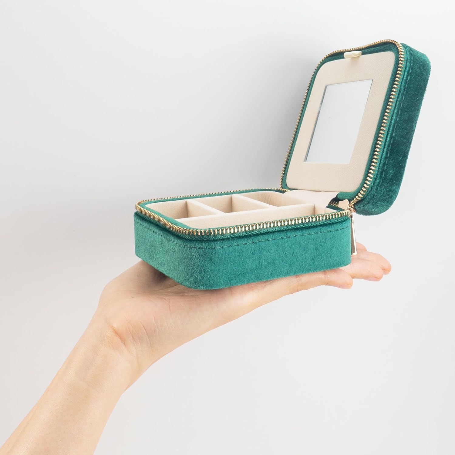 Velvet Jewelry Box Travel Jewelry Organizer with Mirror Soft Plush Case for Necklaces, Earrings, Bracelets & Rings Gift for Women, Girlfriend, Mom or Best Friend (Premium Velvet - Emerald green)