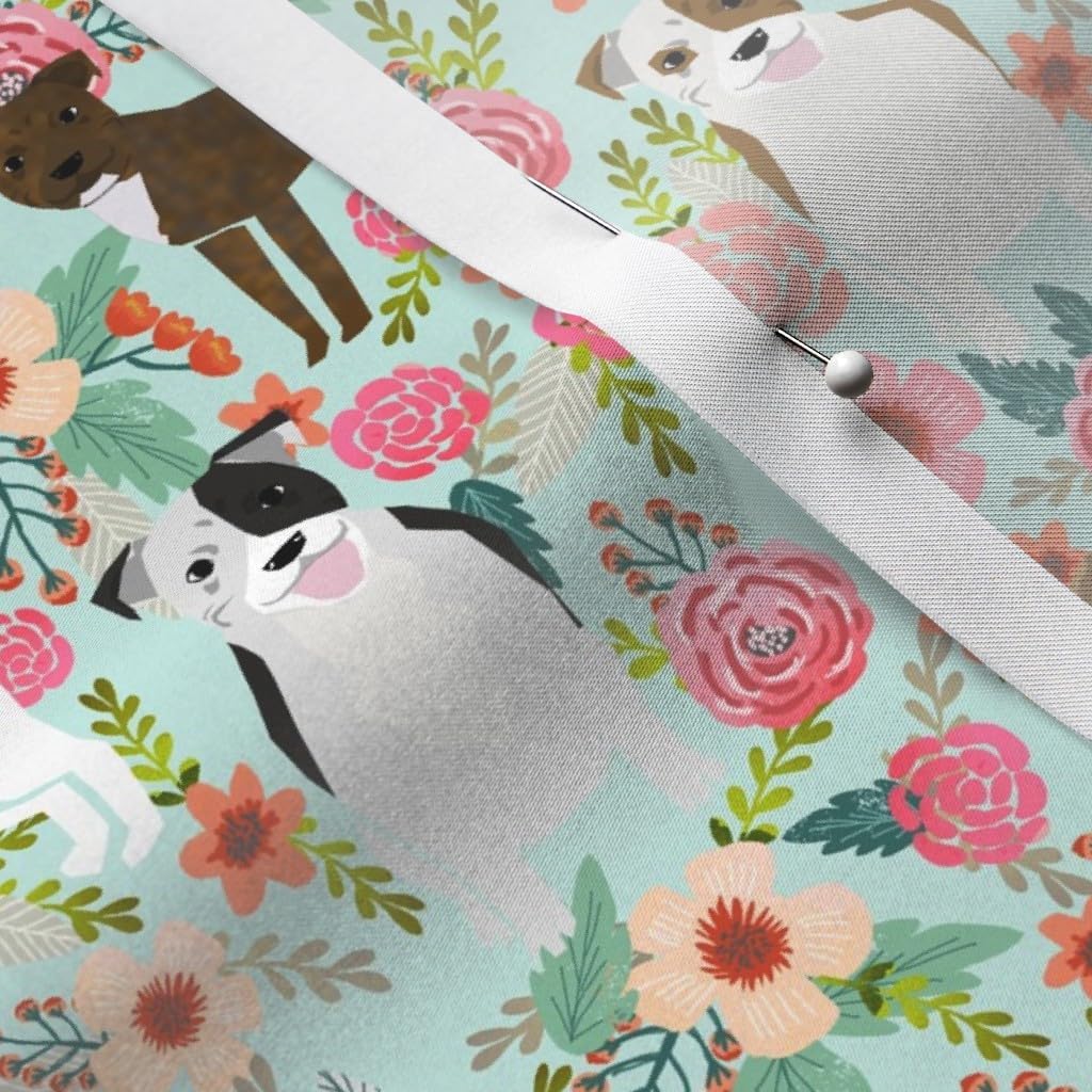 Spoonflower Fabric - Floral, Pitbull Terriers, Cute, Dogs, Dog, Sweet, Animals, Florals, Printed on Satin Fabric by The Yard - Sewing Lining Apparel Fashion Blankets Decor