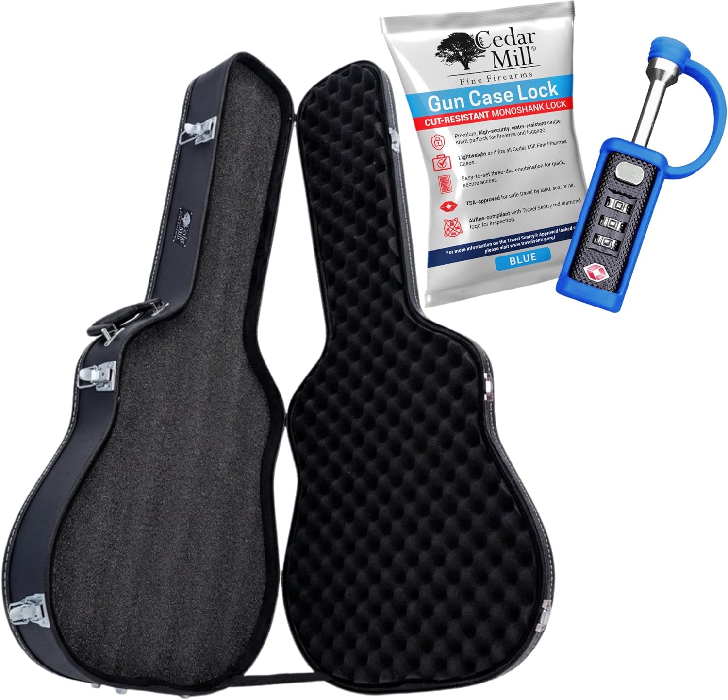 Guitar Style Hard Rifle Case Bundle for Travel & Storage with Blue TSA-Approved Gun Lock – Protective Rifle Case with Custom Foam Insert, Lockable Latches & Cut-Resistant 3-Digit Combination Lock