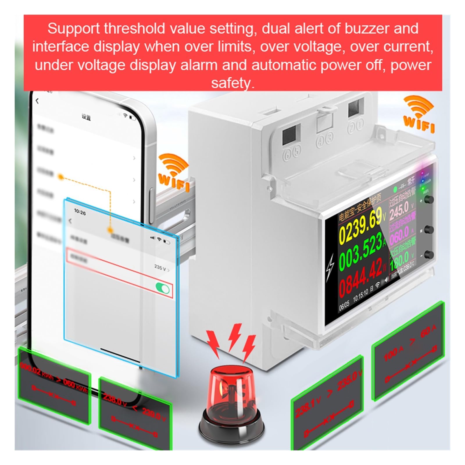 Inteligentny 2P Monitor Mocy Elektrycznej WiFi BT Kontrola Aplikacji Montaż Na Szynie DIN Wieloenergetyczny Miernik Mocy Prądu Przemiennego(BT Version)