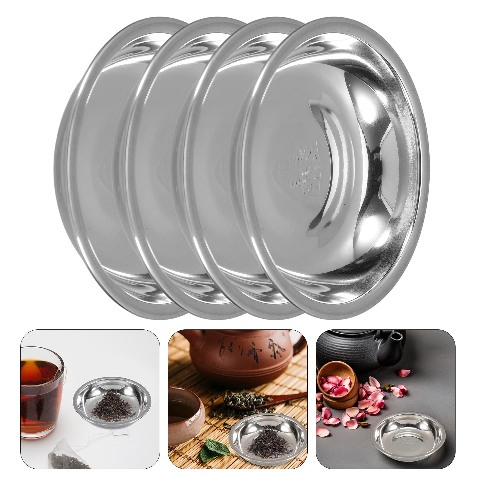 LUOZZY 4 Pcs Stainless Steel Tea Bag Holder Round Tray Drip Proof Organizer Coaster for Room Home Use Accessory Storage
