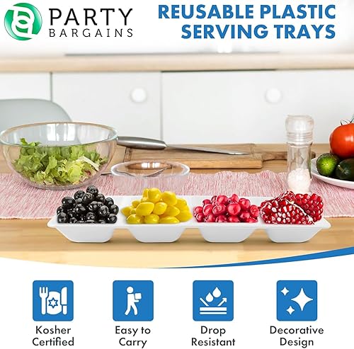 Miniatura 7 de Party Bargains Bandeja rectangular seccional desechable blanca (paquete de 4) de 5 x 16 pulgadas. Bandeja de plástico con 4 compartimentos para