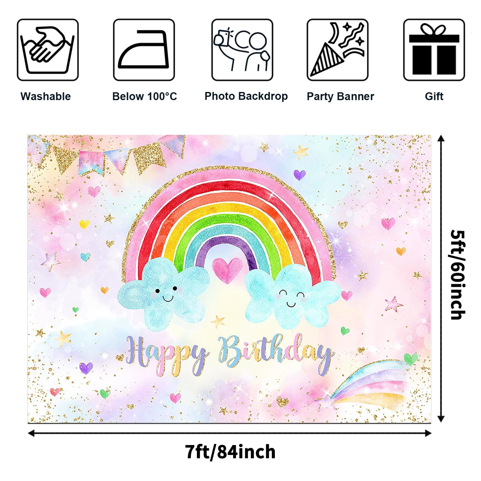 Avezano Rainbow Theme Birthday Backdrop Sprinkled Gold Dots Rainbow Stars Birthday Party Decorations 1st 2nd 3rd Girls' Happy Birthday Photoshoot Backgrounds Cake Table Banner (7x5ft)