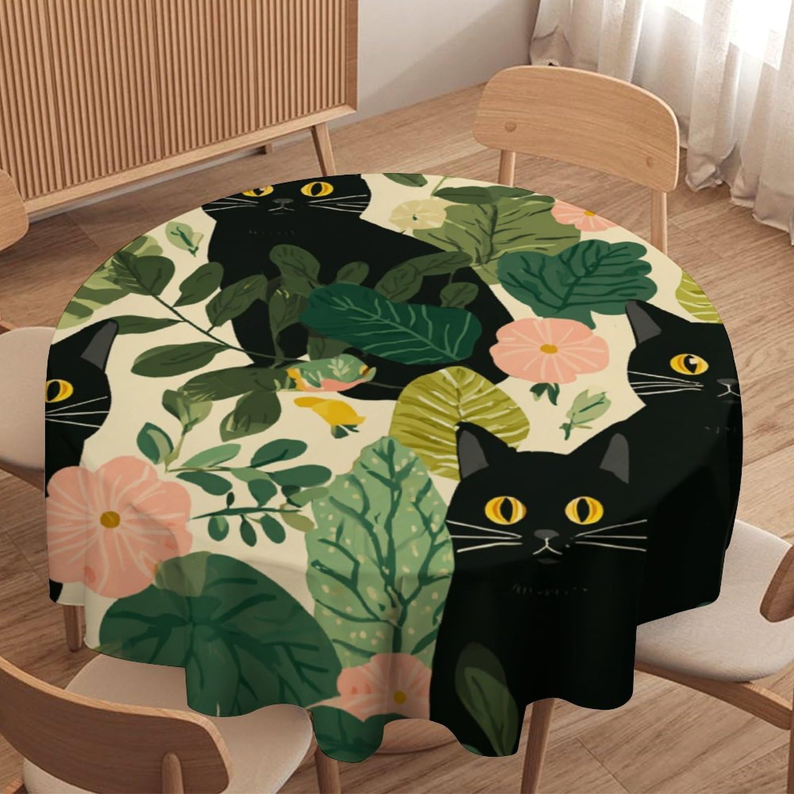 LUYYSKY Funny Anime Black Cats Waterproof Round Tablecloth Modern Cartoon Animals Kittens Plants Flowers Palm Leaves Print Washable Table Cover for Kitchen-36 Wx36 L