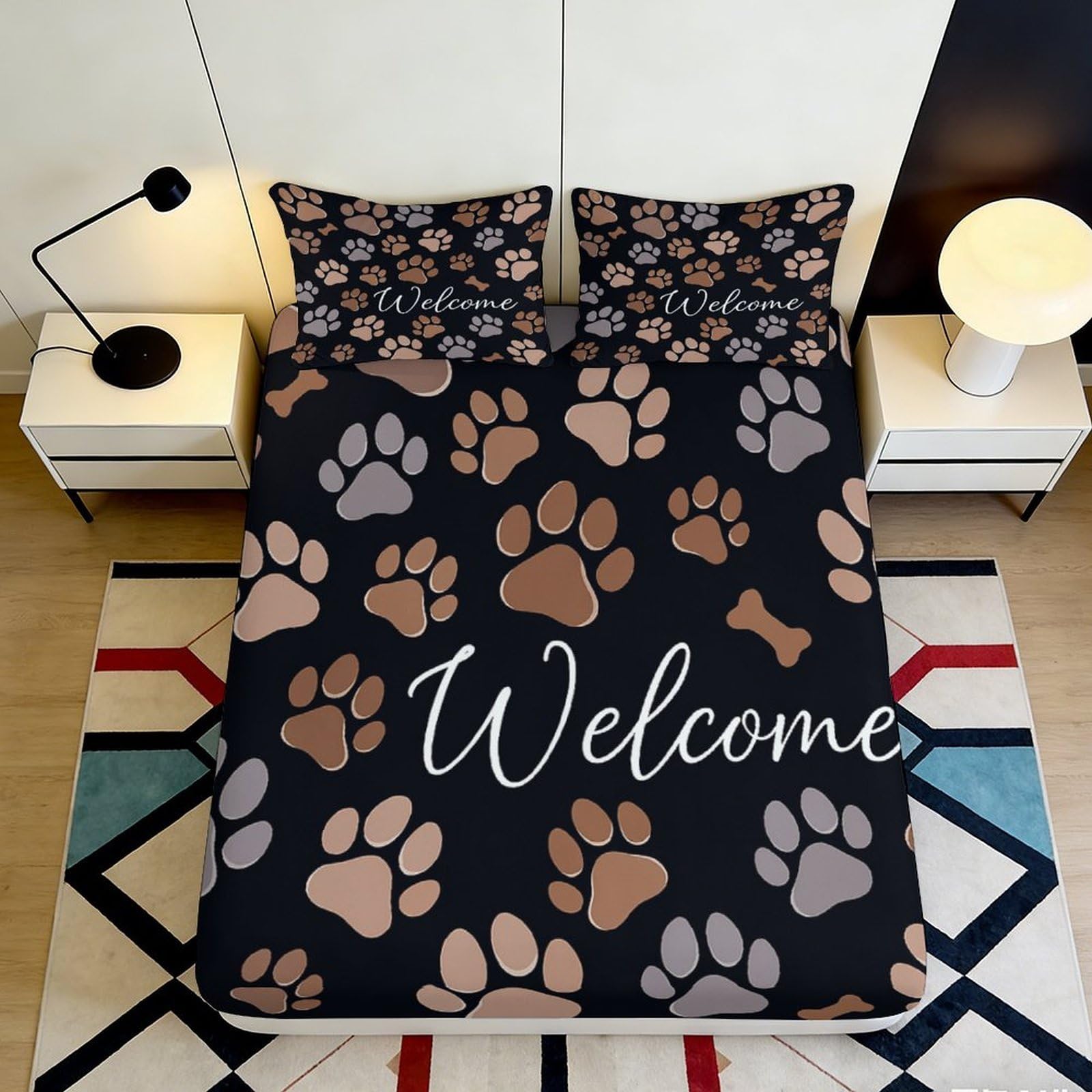 3D Printed Paw Print Fitted Sheet Microfiber Soft Breathable Dog Bone Bed Sheet for Bedroom Guest Room Easy Care Decor 90x200x25cm