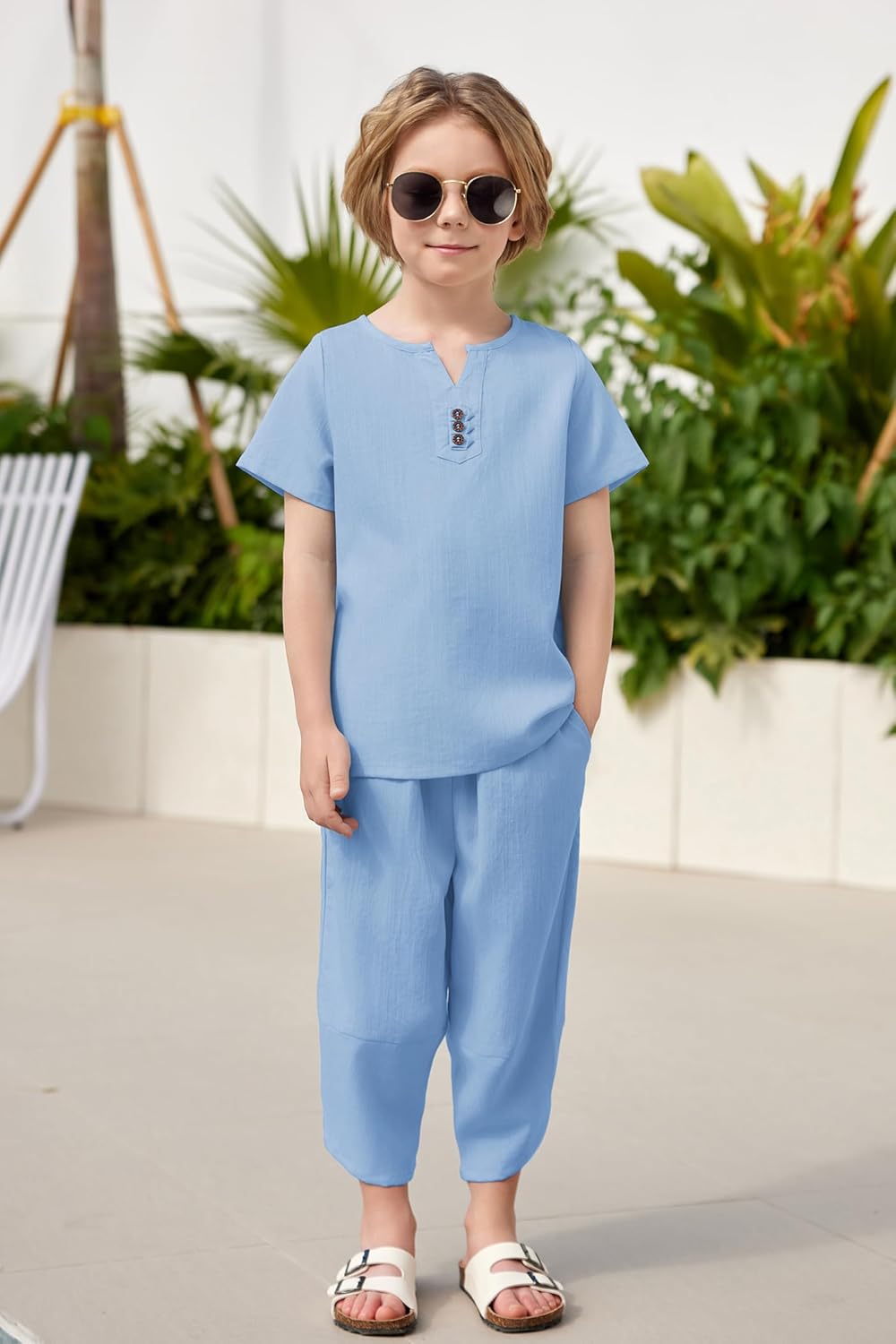 Arshiner Boy's 2 Pieces Clothes Set Henley Shirt Short Sleeve and Pants Wide Leg Baggy Summer Casual Outfits - Image 2