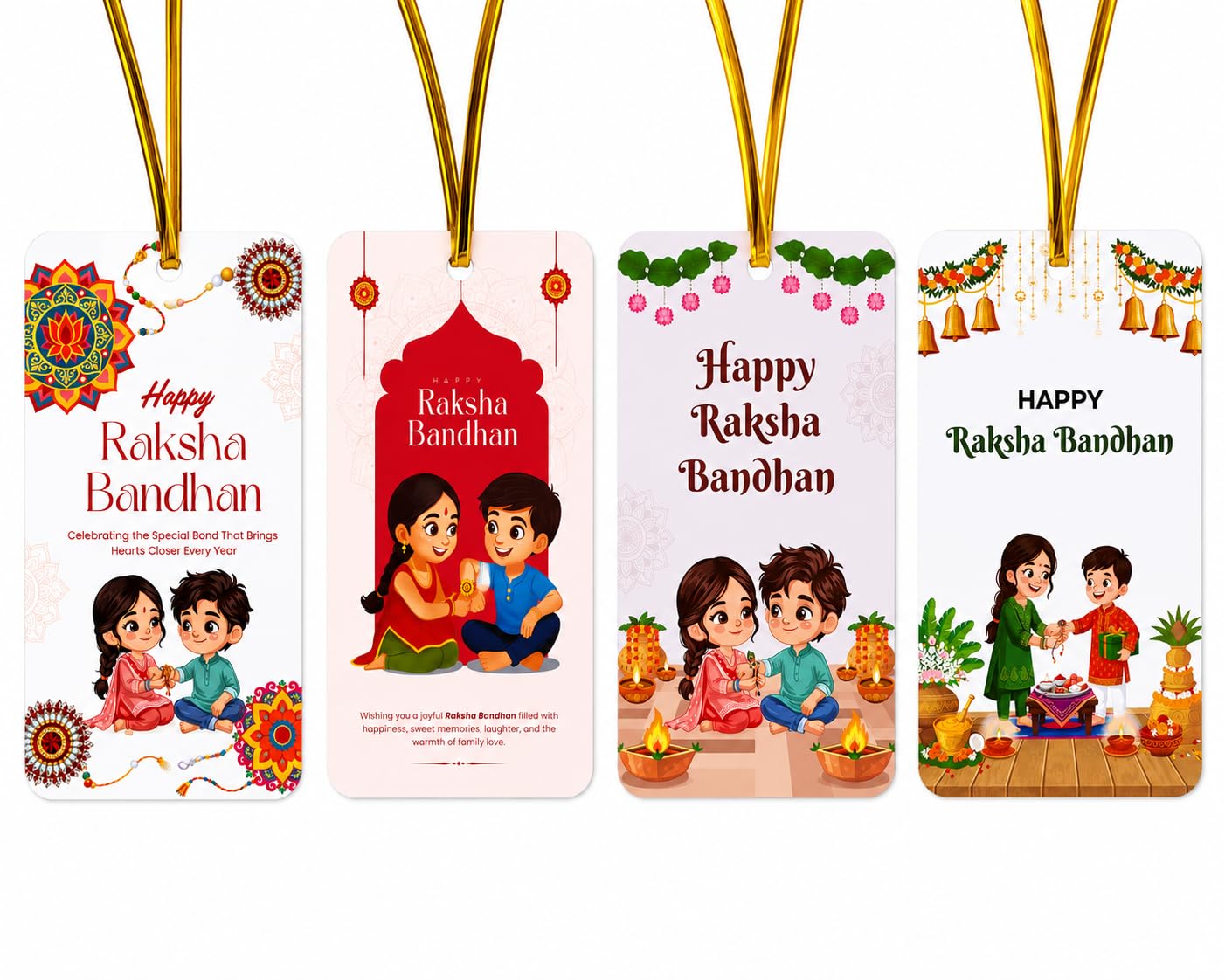 Raksha Bandhan Gift Tags with Golden String (Pack of 20) | Pack of 20, 4 Assorted Designs, Printed Tags, for Rakhi Hampers, Gift Wrapping-image-44