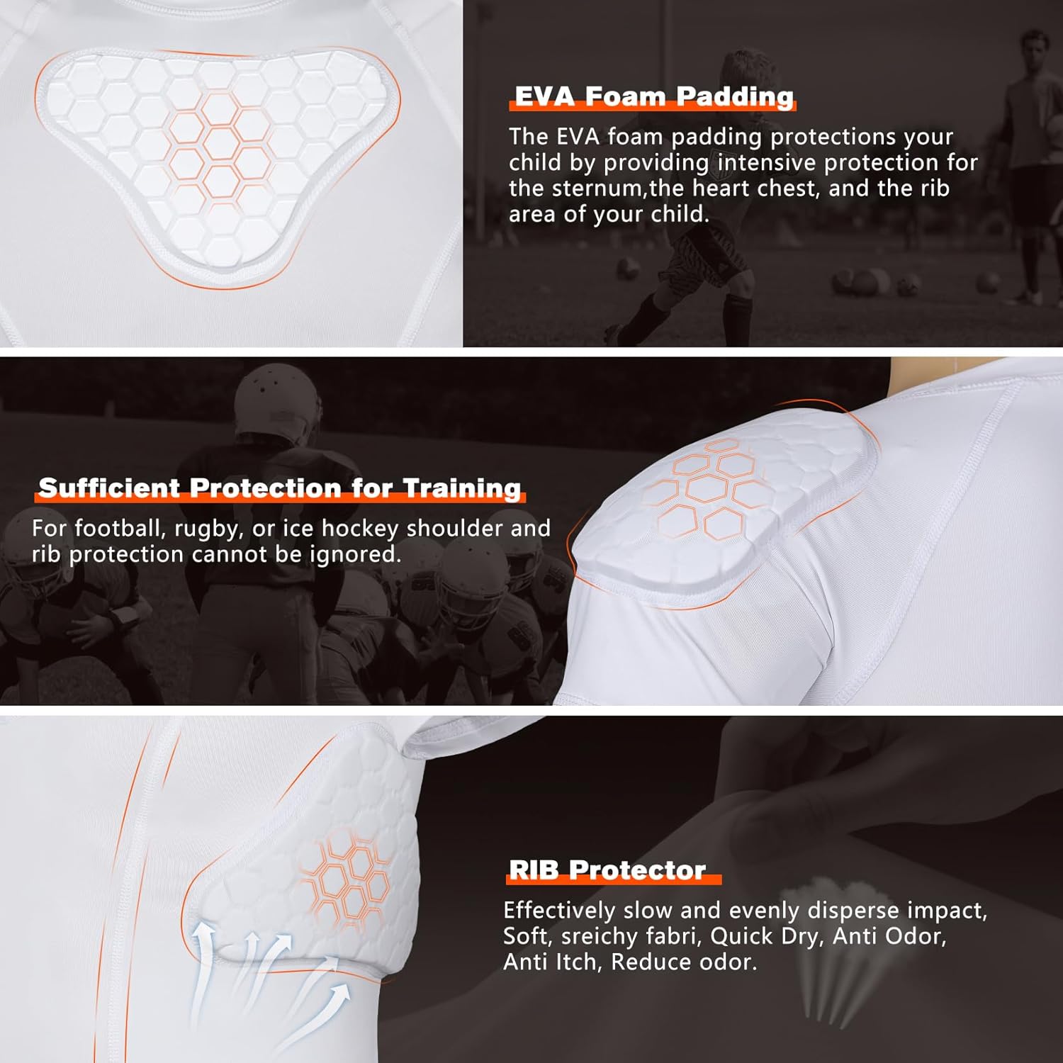 Youth Padded Compression Shirt Rib Protector for Football Protective Gear Baseball Padded Shirt Kid Child Boys